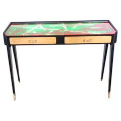 Black Beech Console Table with Red and Green Back-Painted Glass Top, Italy