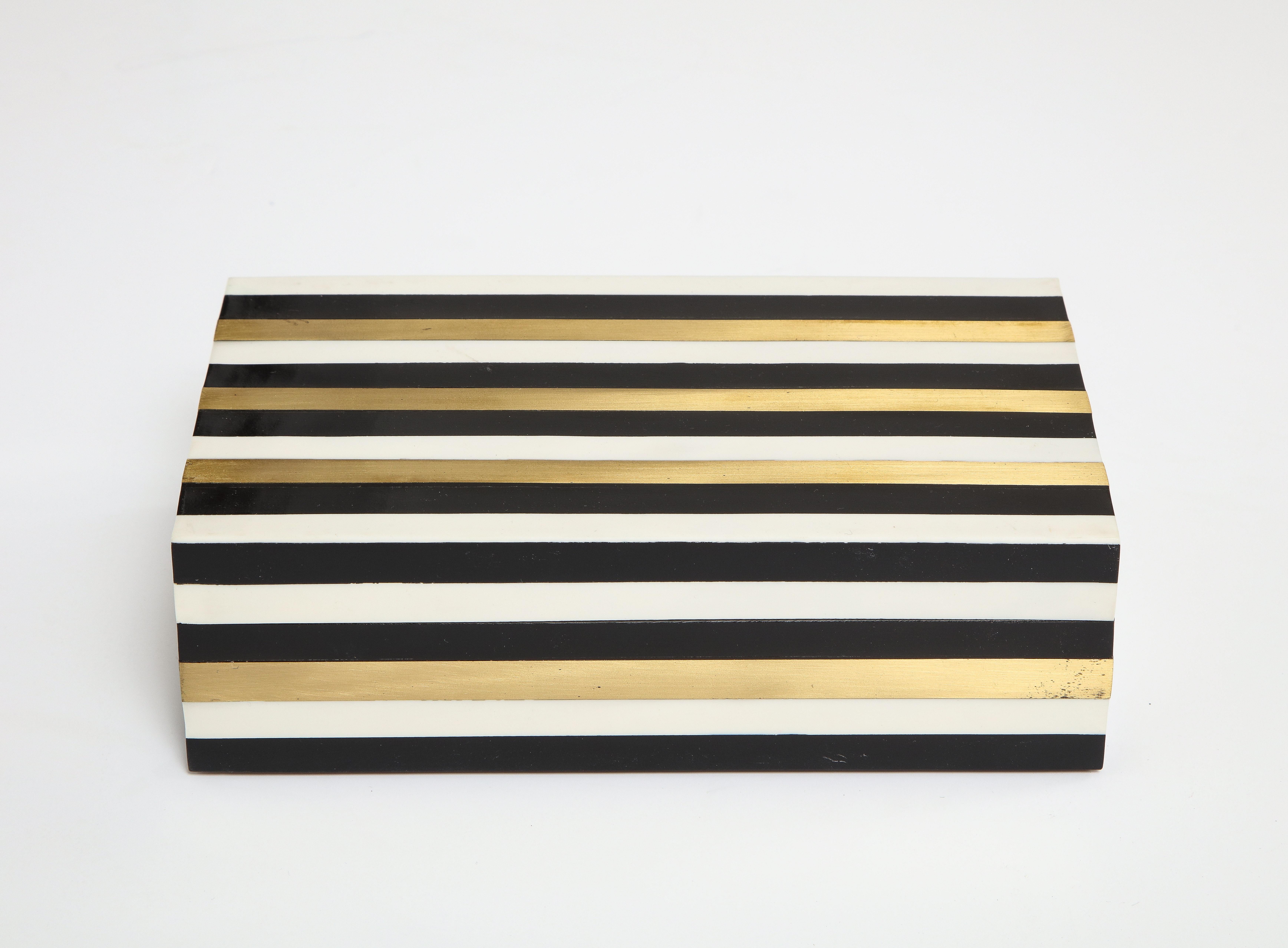 Modernist keepsake, document box clad in Black, White resin stripes accented with brass inlay stripes.