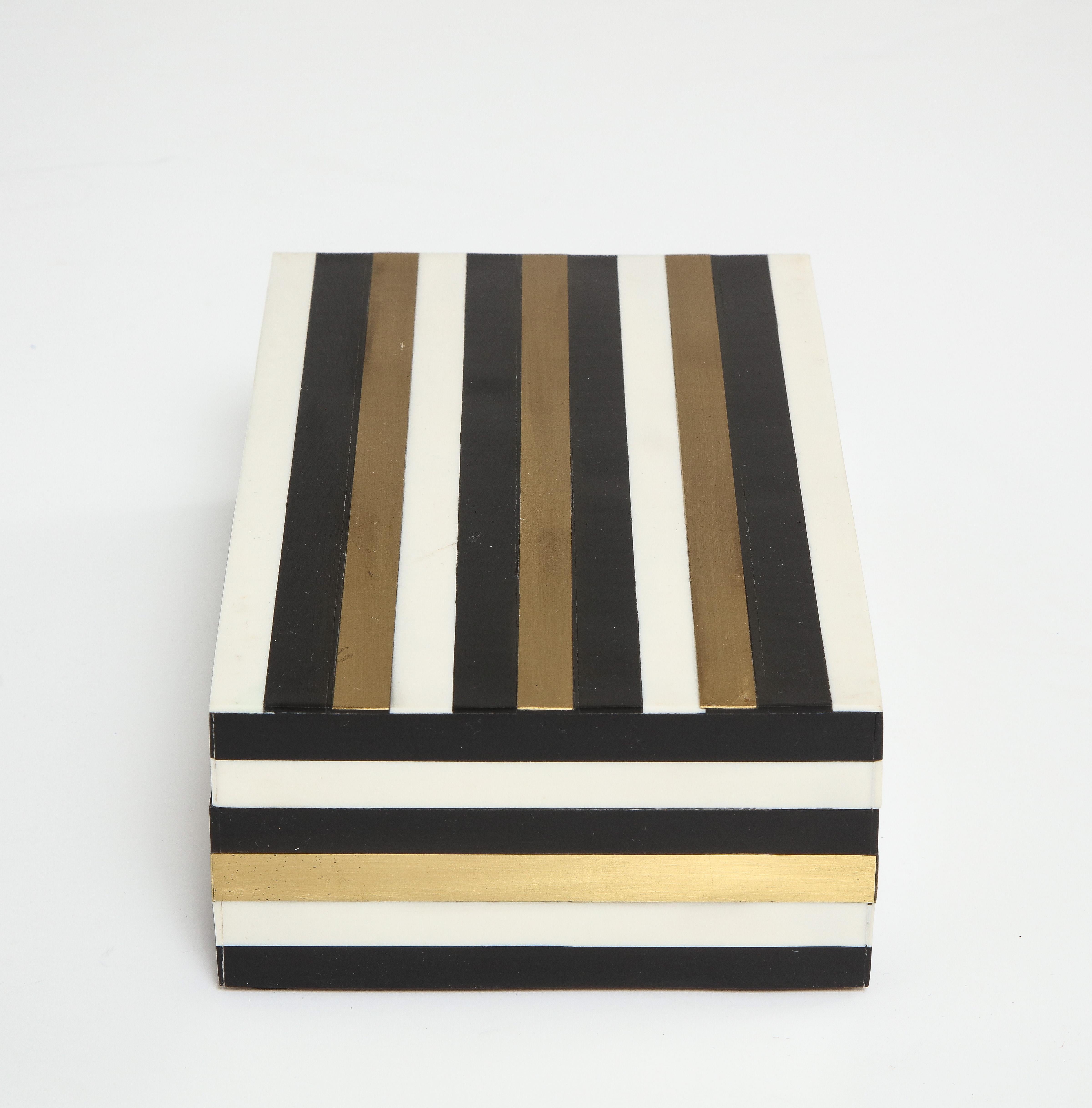 Modern Black, Beige, Brass Striped Box For Sale