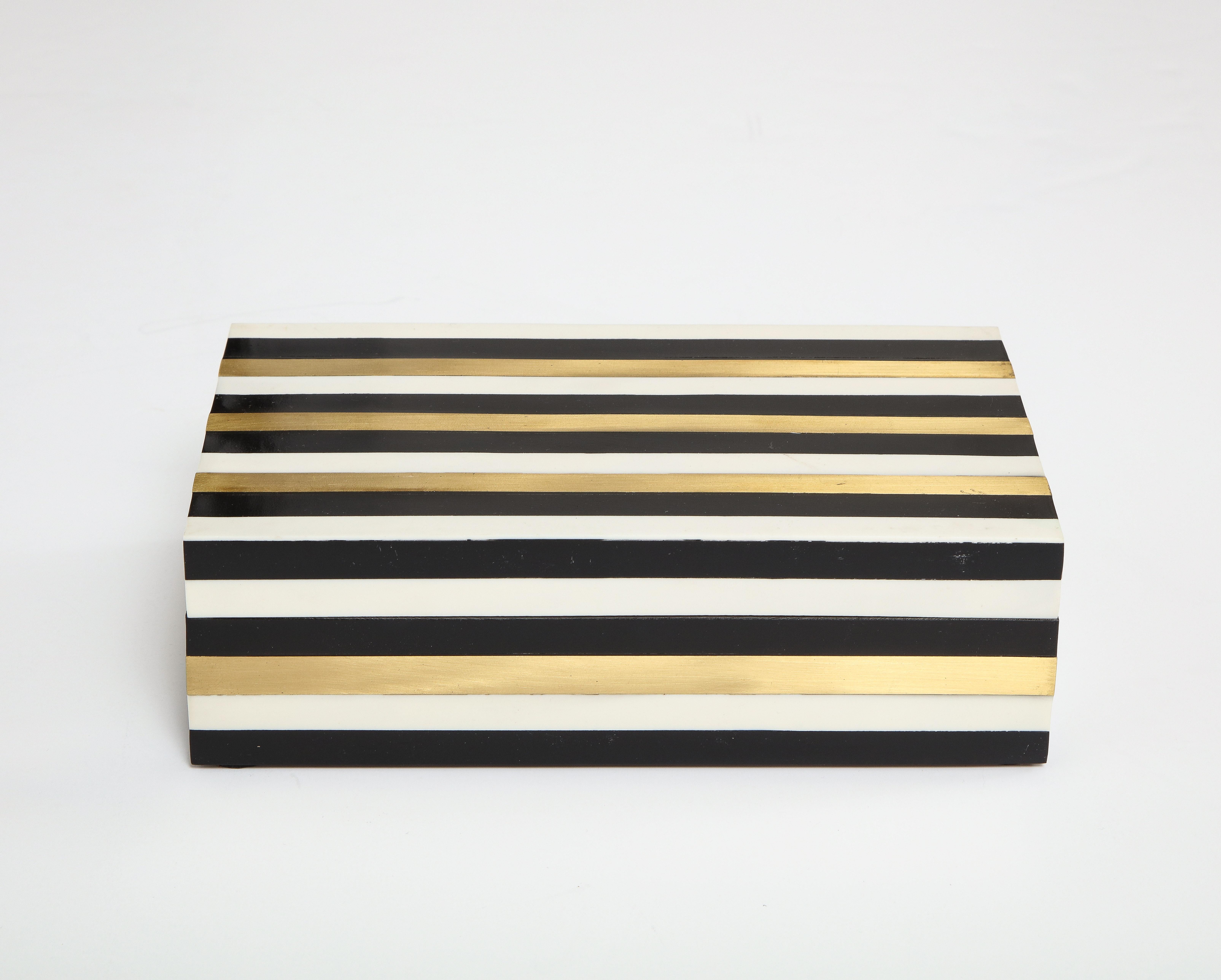 Contemporary Black, Beige, Brass Striped Box For Sale