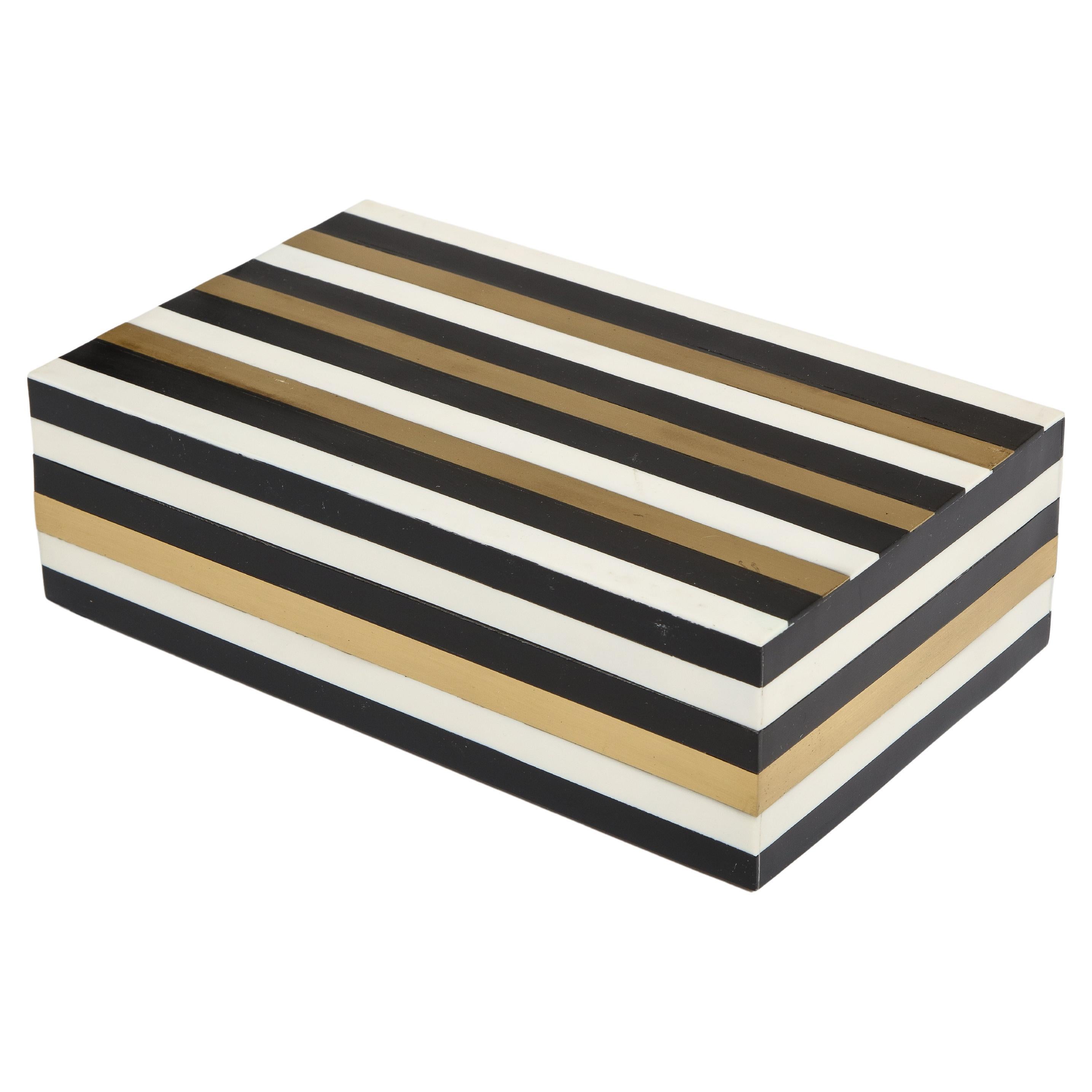 Black, Beige, Brass Striped Box For Sale