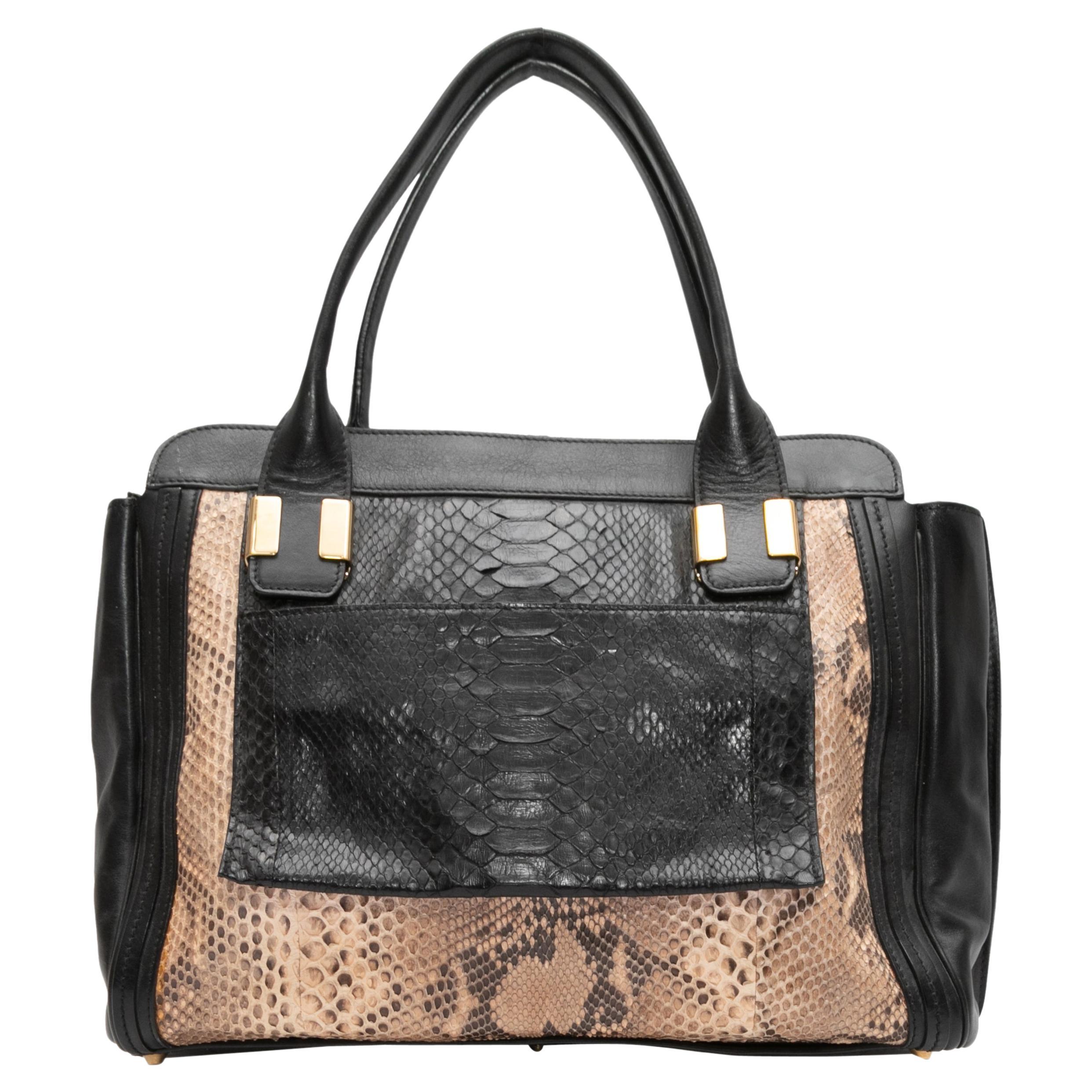 Black & Beige Chloe Leather & Python Tote Bag For Sale