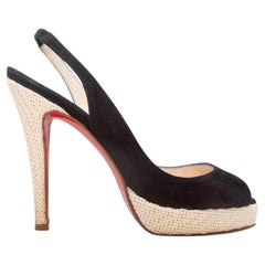 Black & Beige Christian Louboutin Straw-Trimmed Peep-Toe Heels Size 36.5
