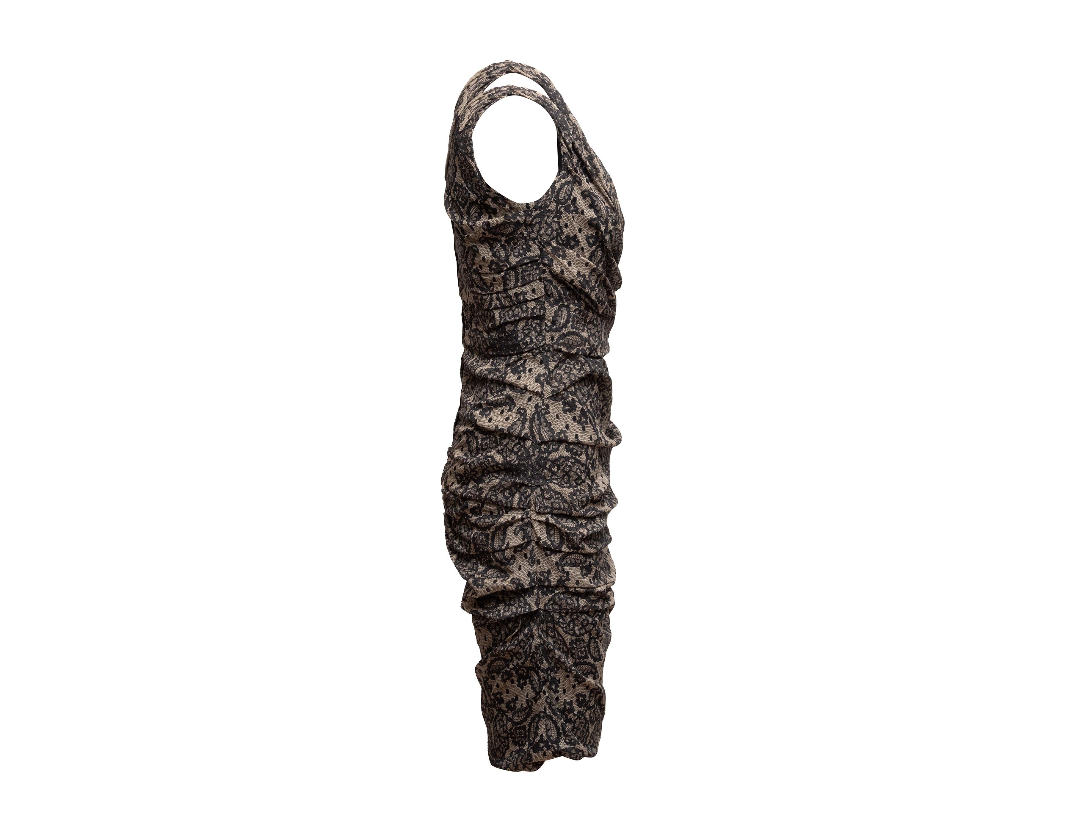 Black and beige ruched sleeveless lace print dress by Dolce & Gabbana. Scoop neck. Zip closure at back. 34