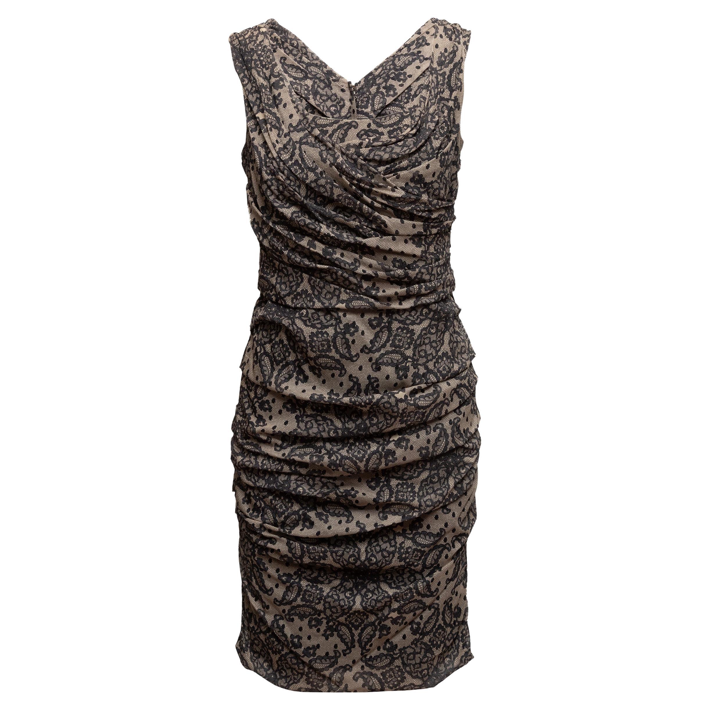 Black & Beige Dolce & Gabbana Ruched Lace Print Dress Size IT 46