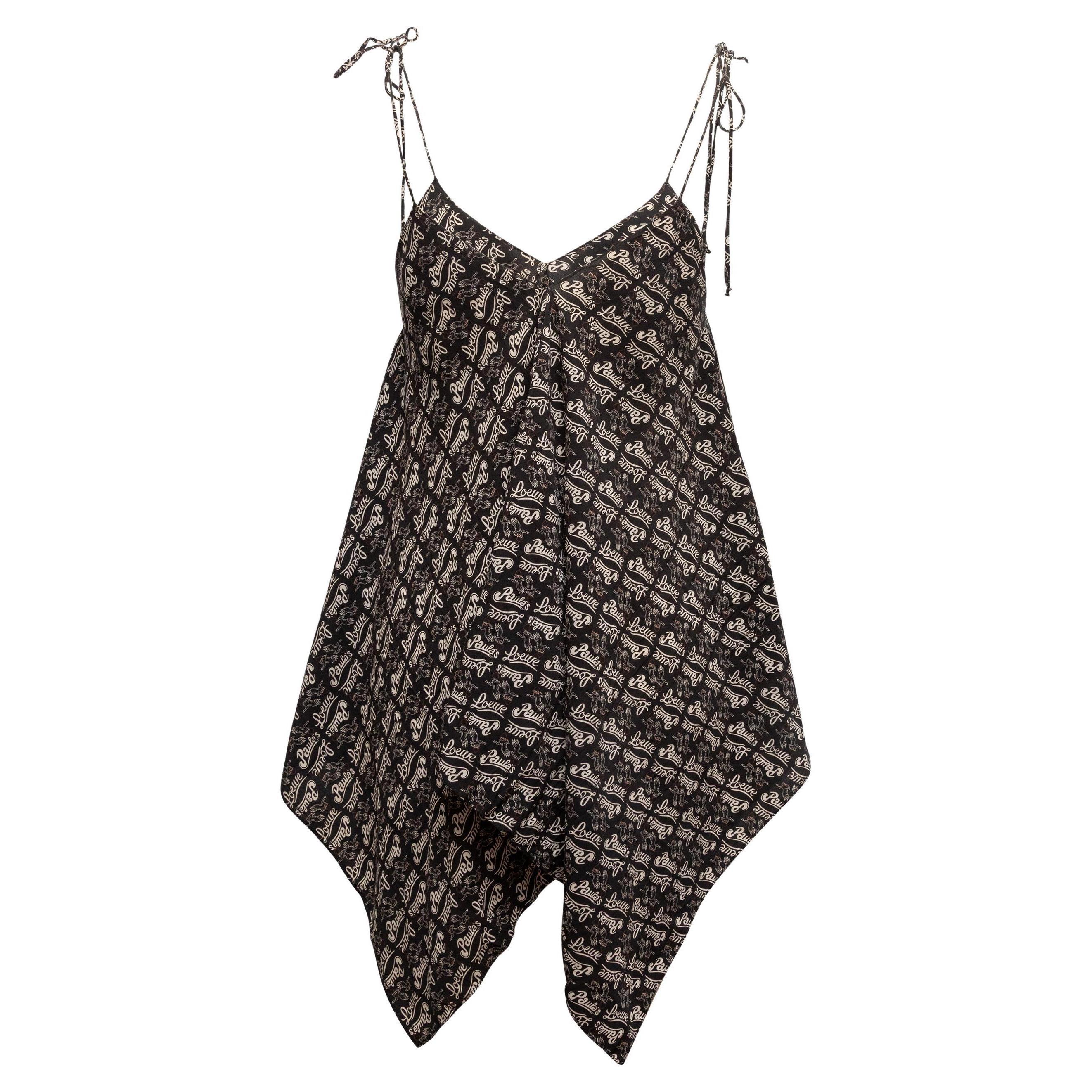 Black and beige Paula's logo print sleeveless top by Loewe. V-neck. Narrow self-tie straps. Handkerchief hem. 38