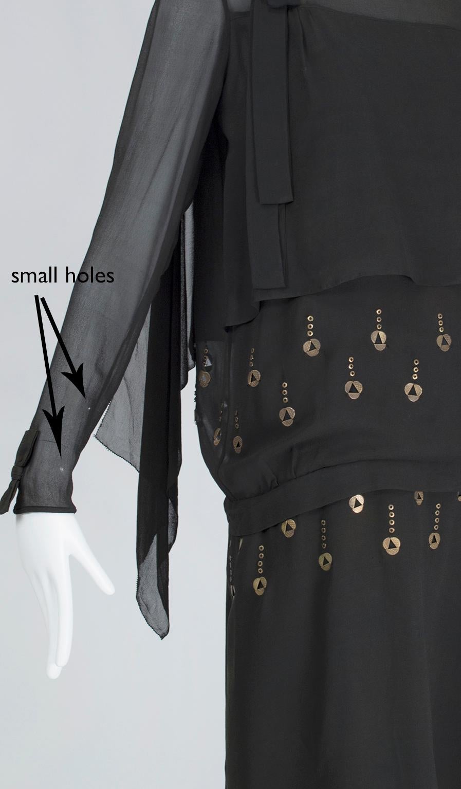 Black Egyptian Revival Deco Blouson Dress with Punched Brass Eyelets - S, 1924 For Sale 5