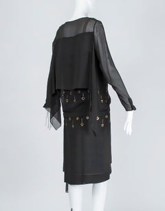 Black Egyptian Revival Deco Blouson Dress with Punched Brass Eyelets - S, 1924
