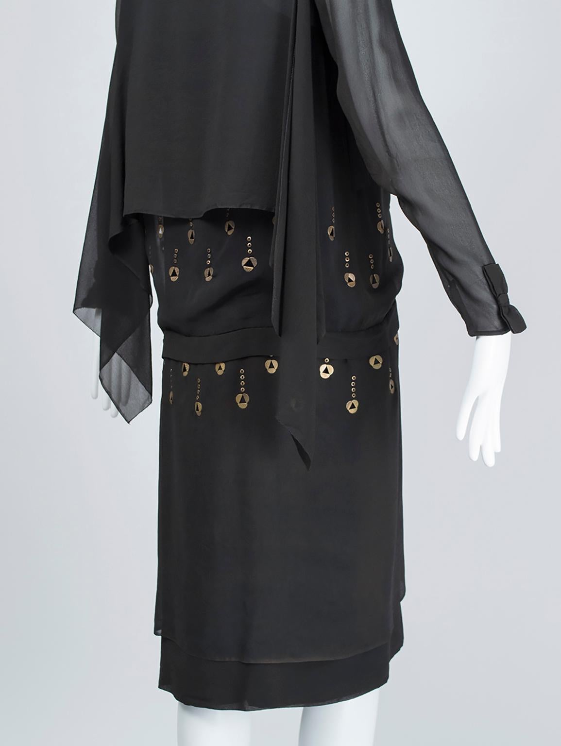 Women's Black Egyptian Revival Deco Blouson Dress with Punched Brass Eyelets - S, 1924 For Sale