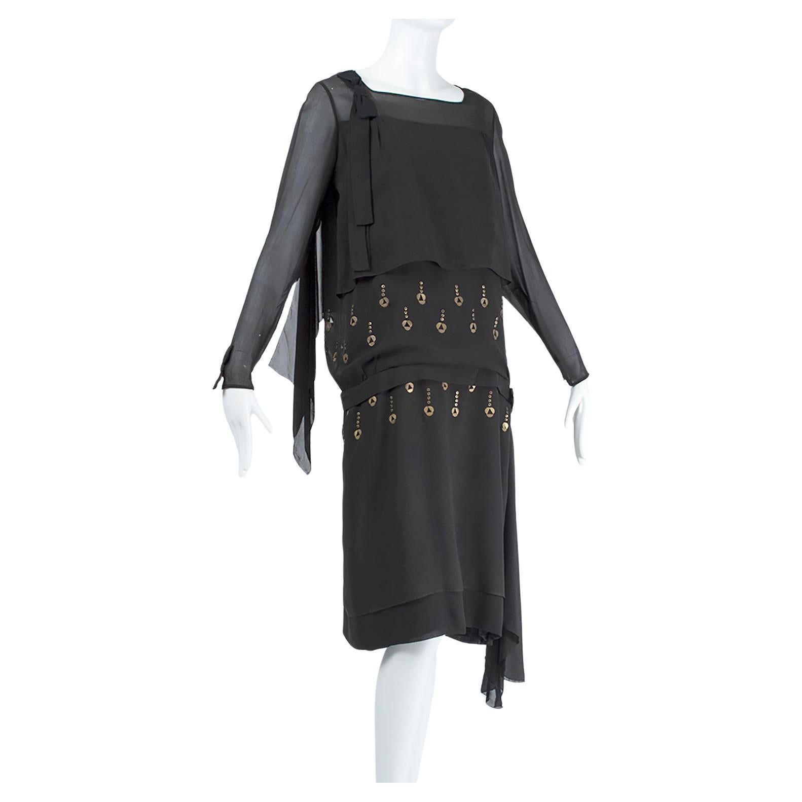Black Egyptian Revival Deco Blouson Dress with Punched Brass Eyelets - S, 1924 For Sale