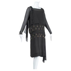 Black Egyptian Revival Deco Blouson Dress with Punched Brass Eyelets - S, 1924