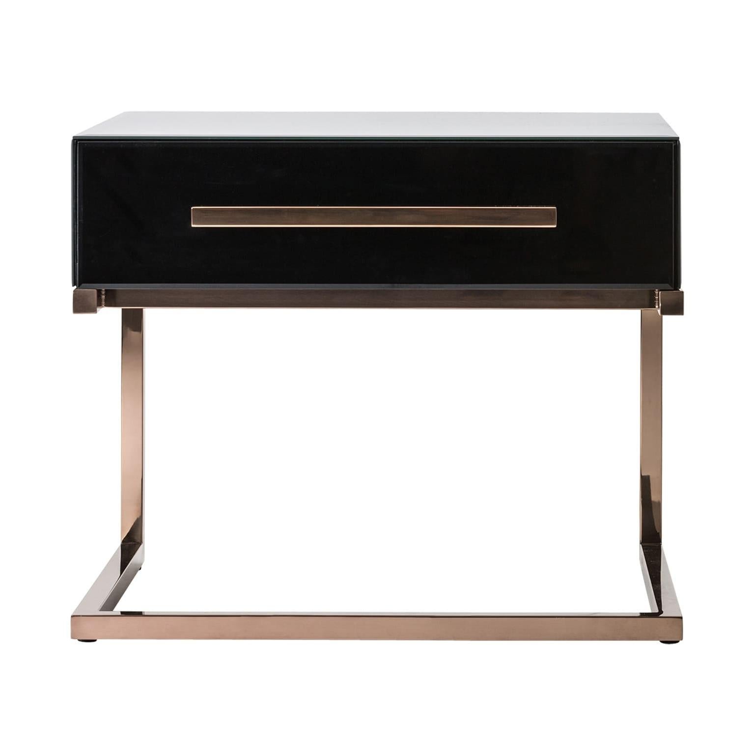 Black bevelled glass mirror and coopered stainless steel pair of bedside tables or night stands composed of a cantilever design cooper base, matching handle for the drawer and all in adorned with black bevelled glass mirror.