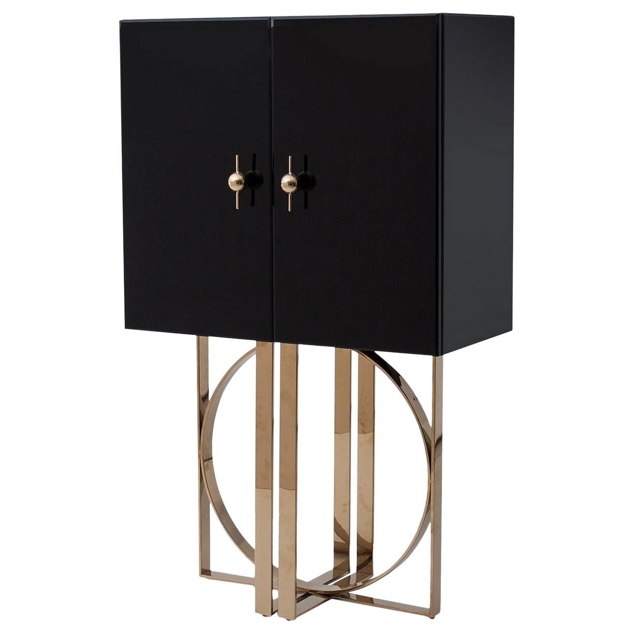 Black Bevelled Mirrored and Gilded Finishes Bar Cabinet
