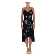Black Bias Cut Chiffon Slip Dress With Flower Embroidery Detail