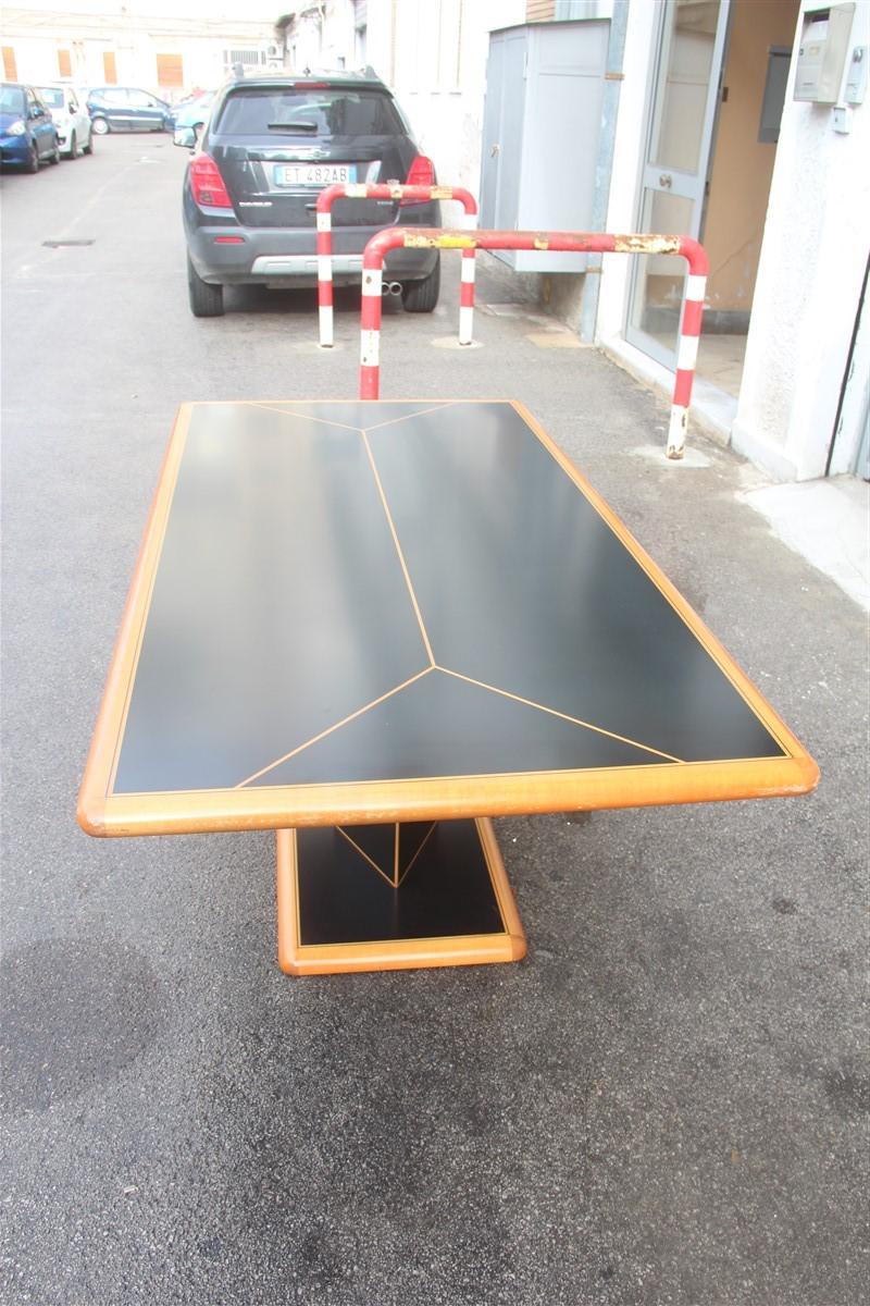 Mid-Century Modern Black Big Rectangular Table and Natural Wood Rhombus Base Laminate 1970 Maple For Sale
