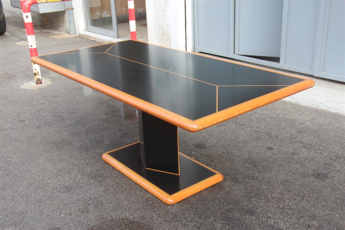 Italian Black Big Rectangular Table and Natural Wood Rhombus Base Laminate 1970 Maple For Sale