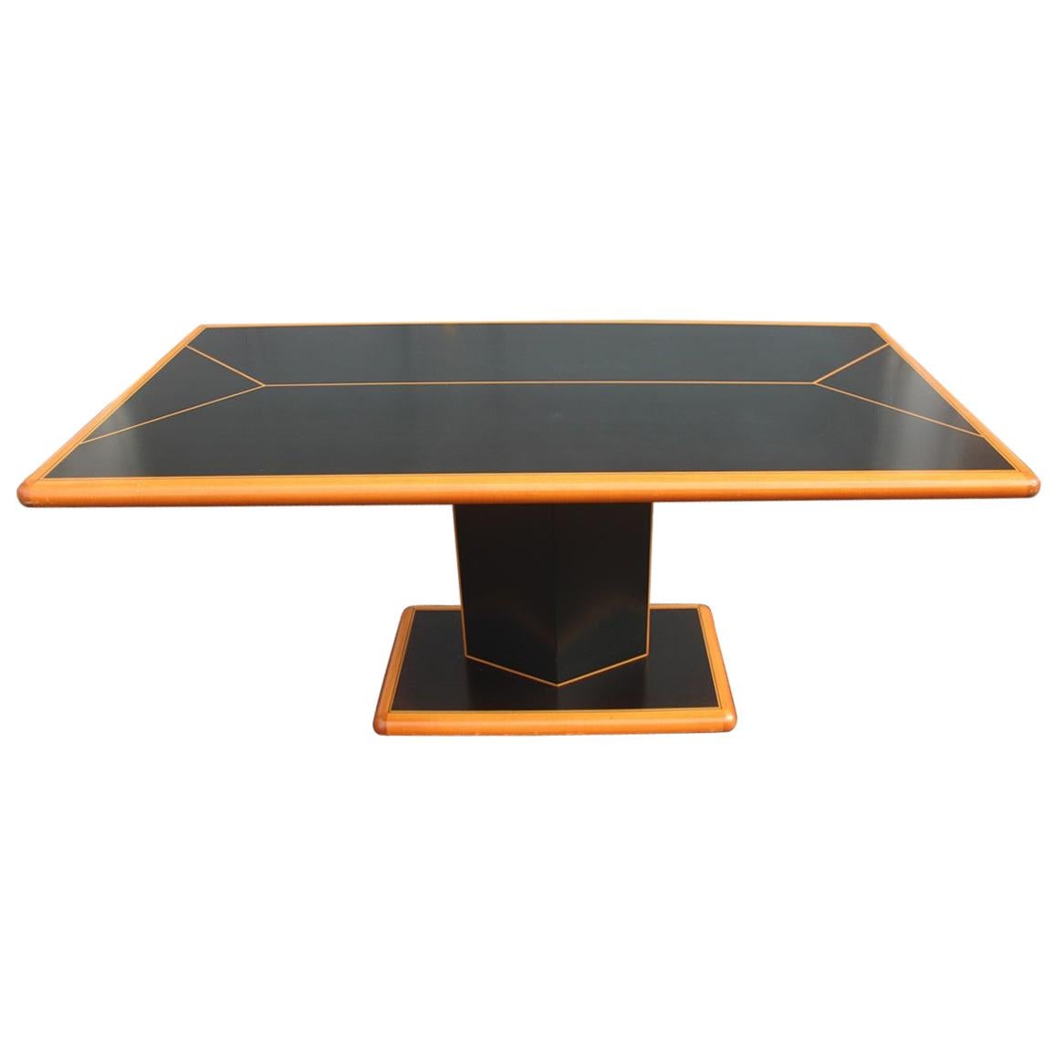 Black Big Rectangular Table and Natural Wood Rhombus Base Laminate 1970 Maple For Sale
