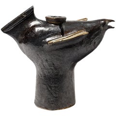 Schwarze Vogel-Steinzeug-Keramik-Skulptur von Gueneau, Französische Dekoration aus der Mitte des Jahrhunderts