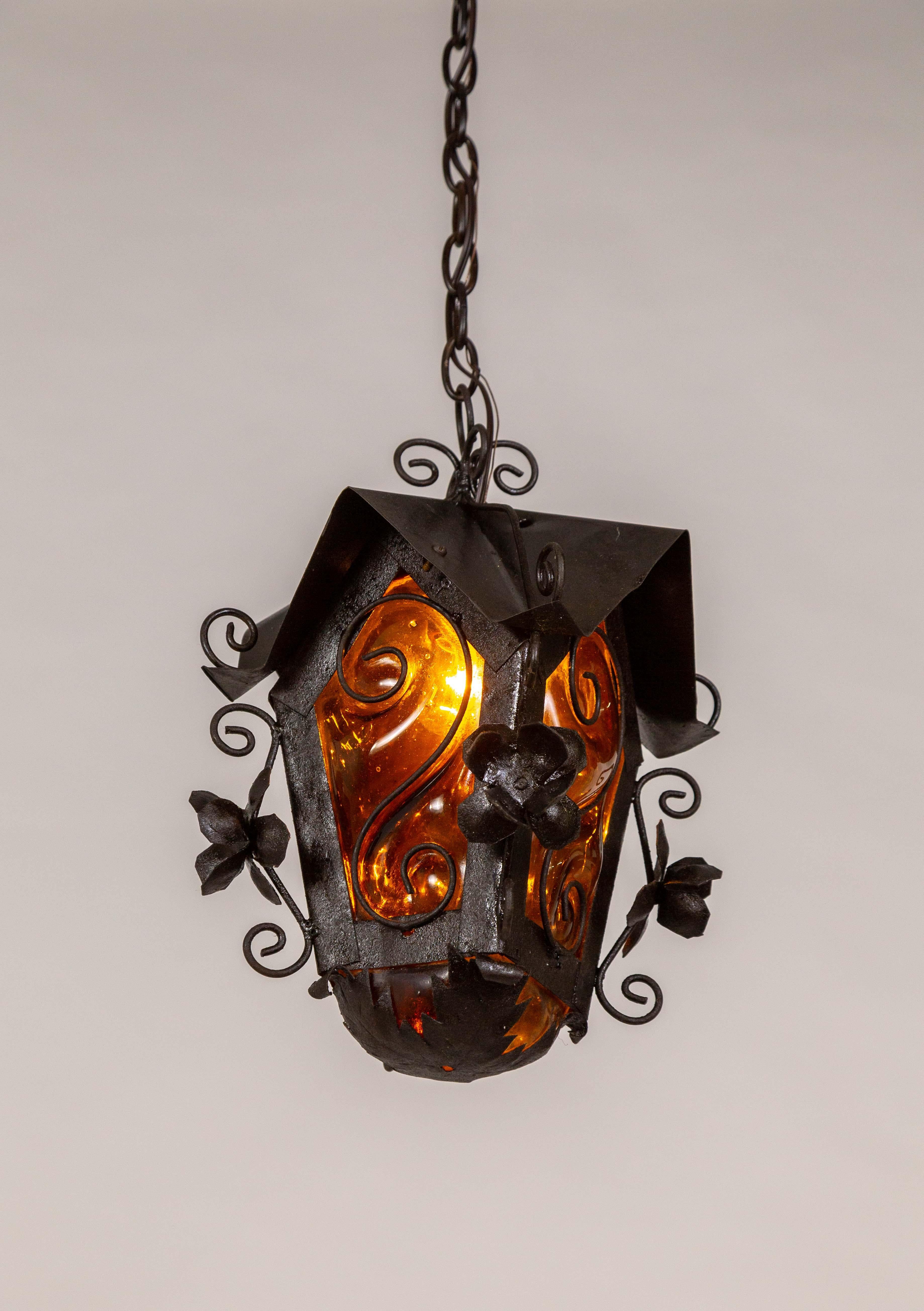 Black Birdhouse Lantern w/ Amber Blown Glass In Good Condition For Sale In San Francisco, CA