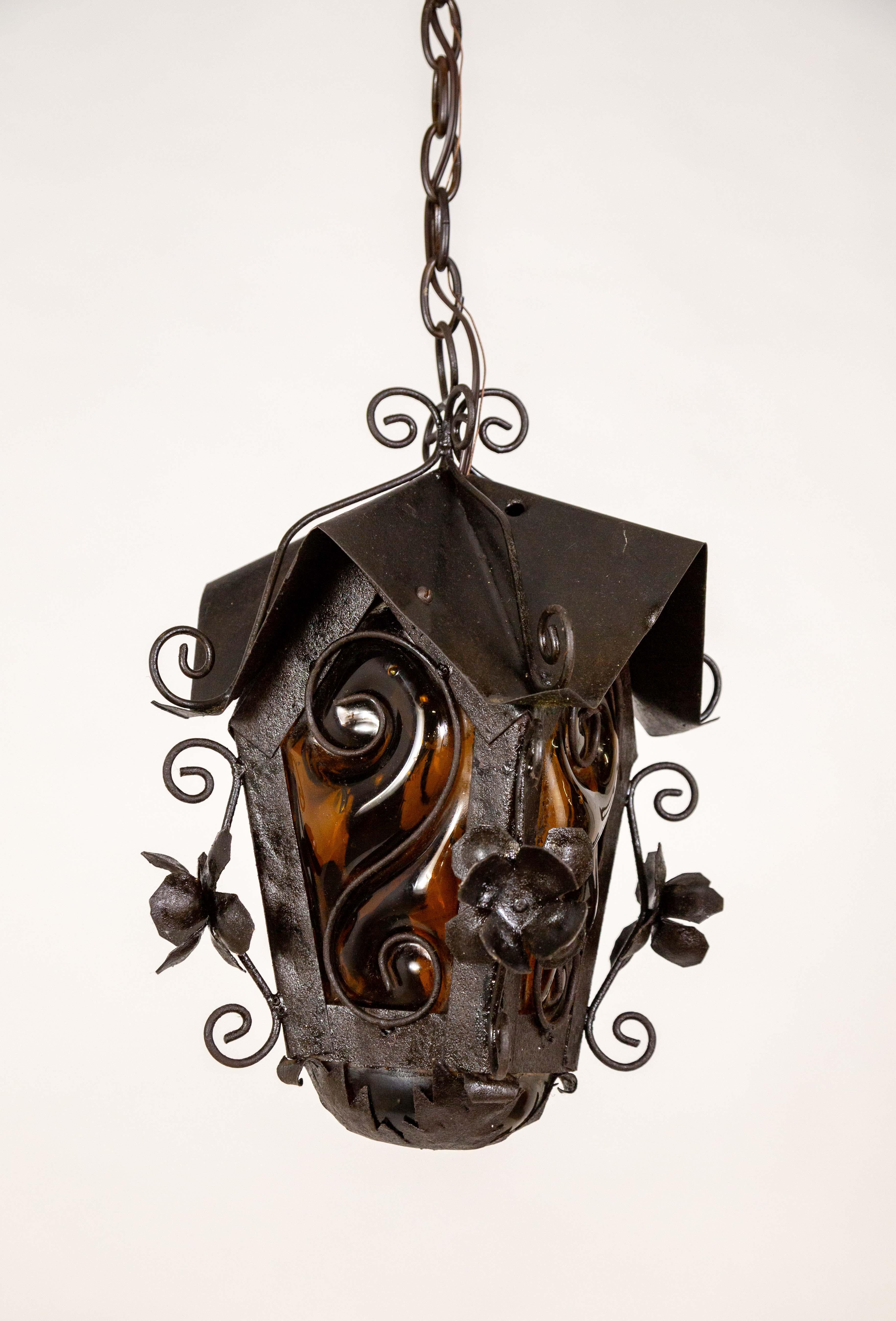 Metal Black Birdhouse Lantern w/ Amber Blown Glass For Sale