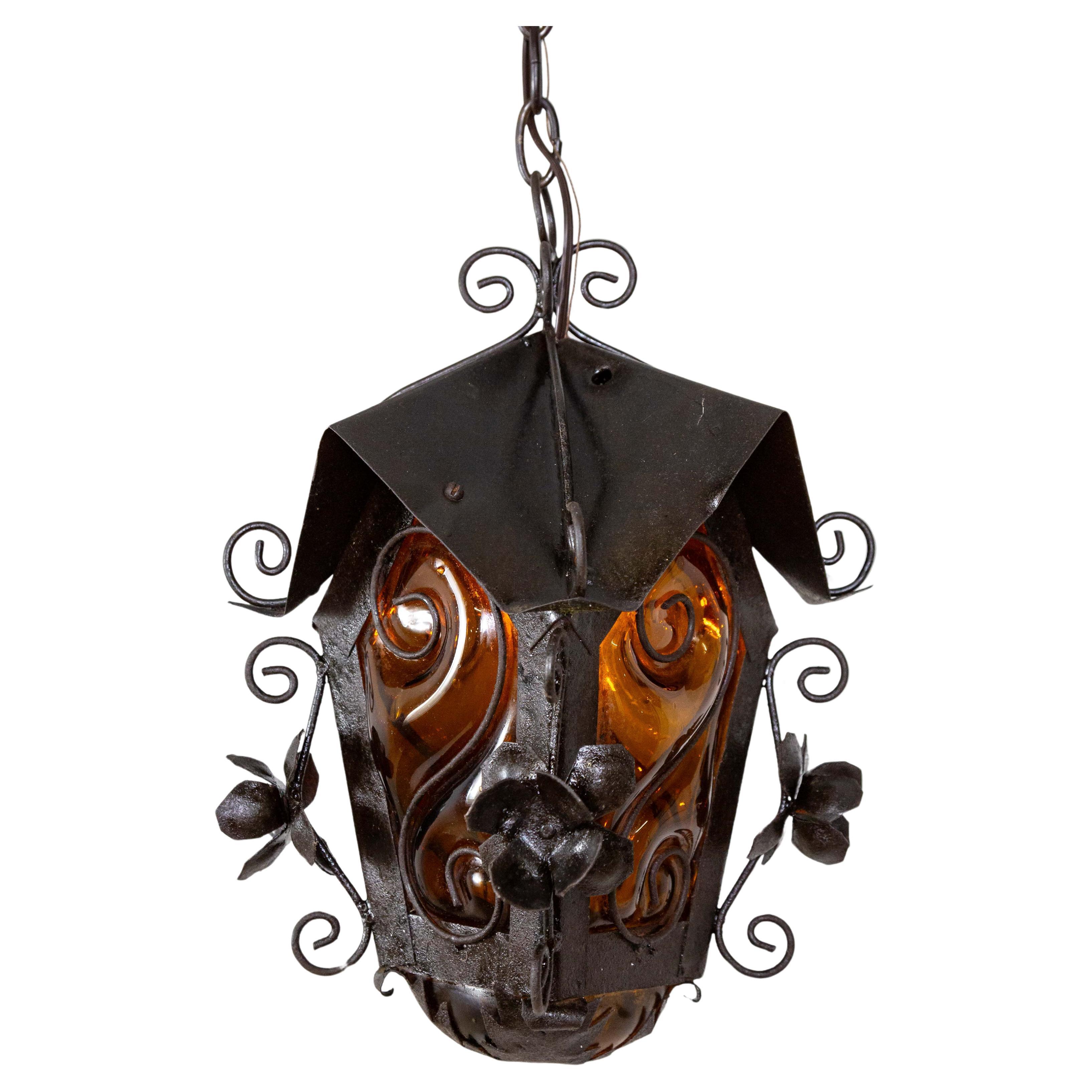 Black Birdhouse Lantern w/ Amber Blown Glass For Sale