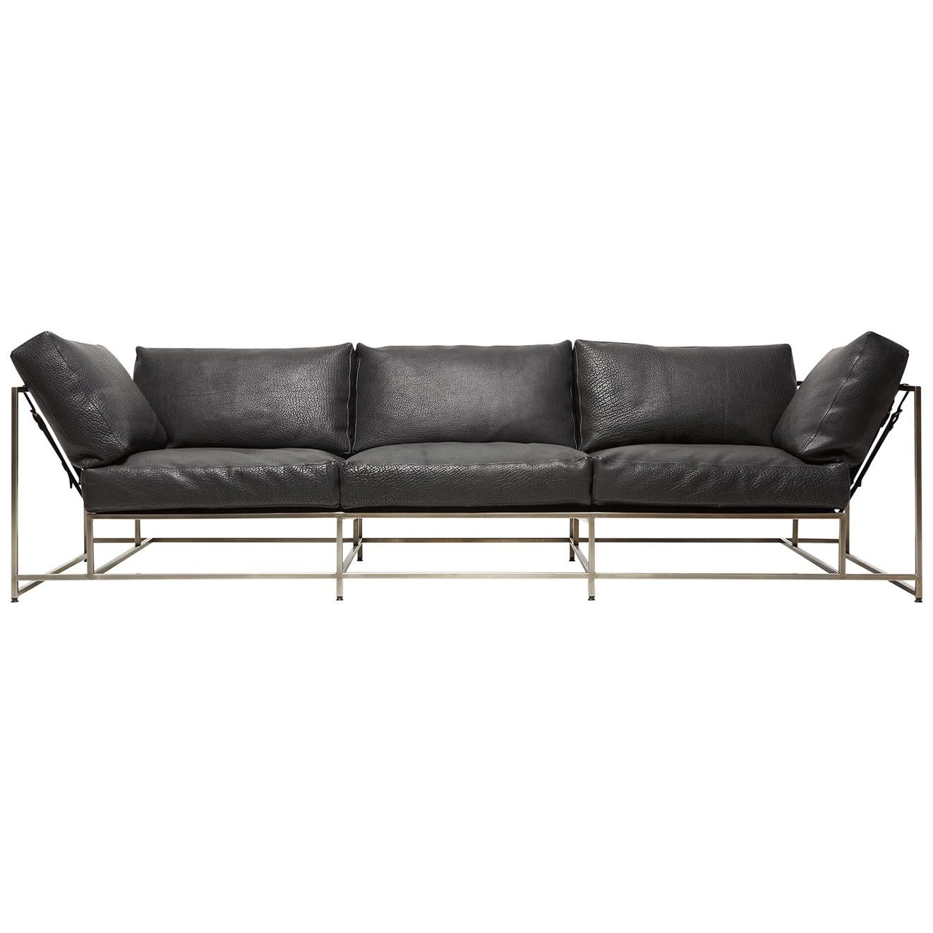 Black Bison Leather and Antique Nickel Sofa For Sale
