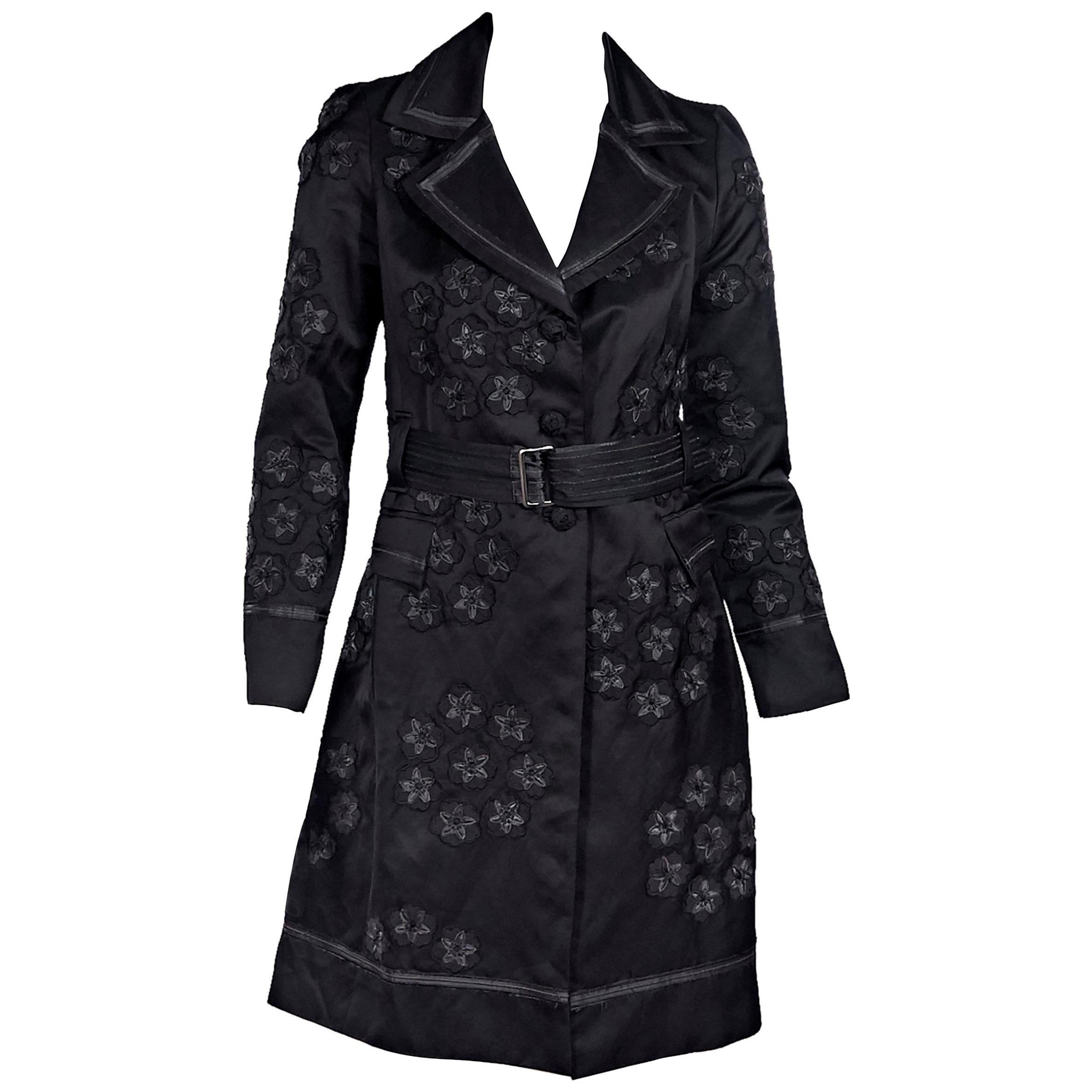Black Biya Floral Linen-Blend Trench Coat