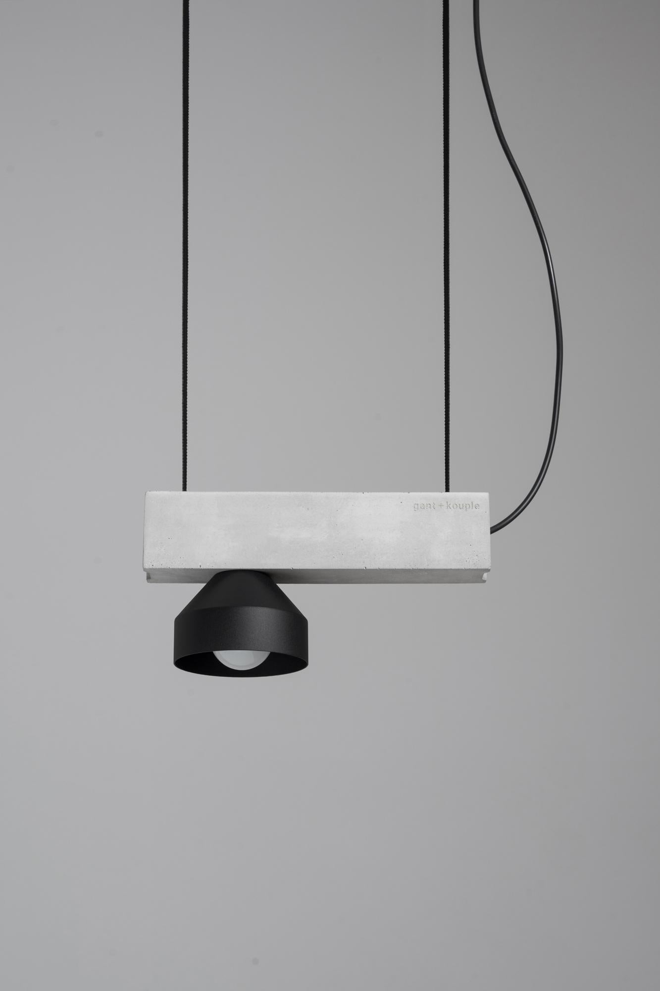 Black Block Pendant Lamp by +kouple
Dimensions: D 26 x W 10 x H 12,7 cm.
Materials: Concrete, powder-coated steel and textile. 

Available in different color options. Please contact us.

All our lamps can be wired according to each country. If sold