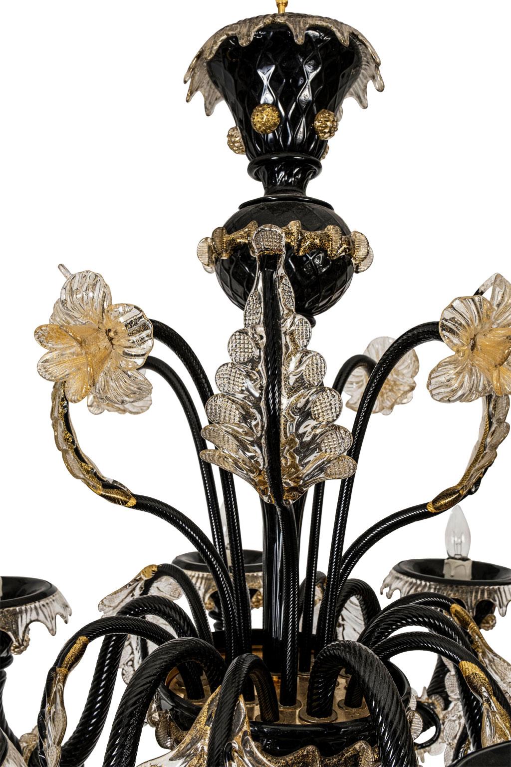 Italian Vintage Black Blown Glass Murano Chandelier For Sale