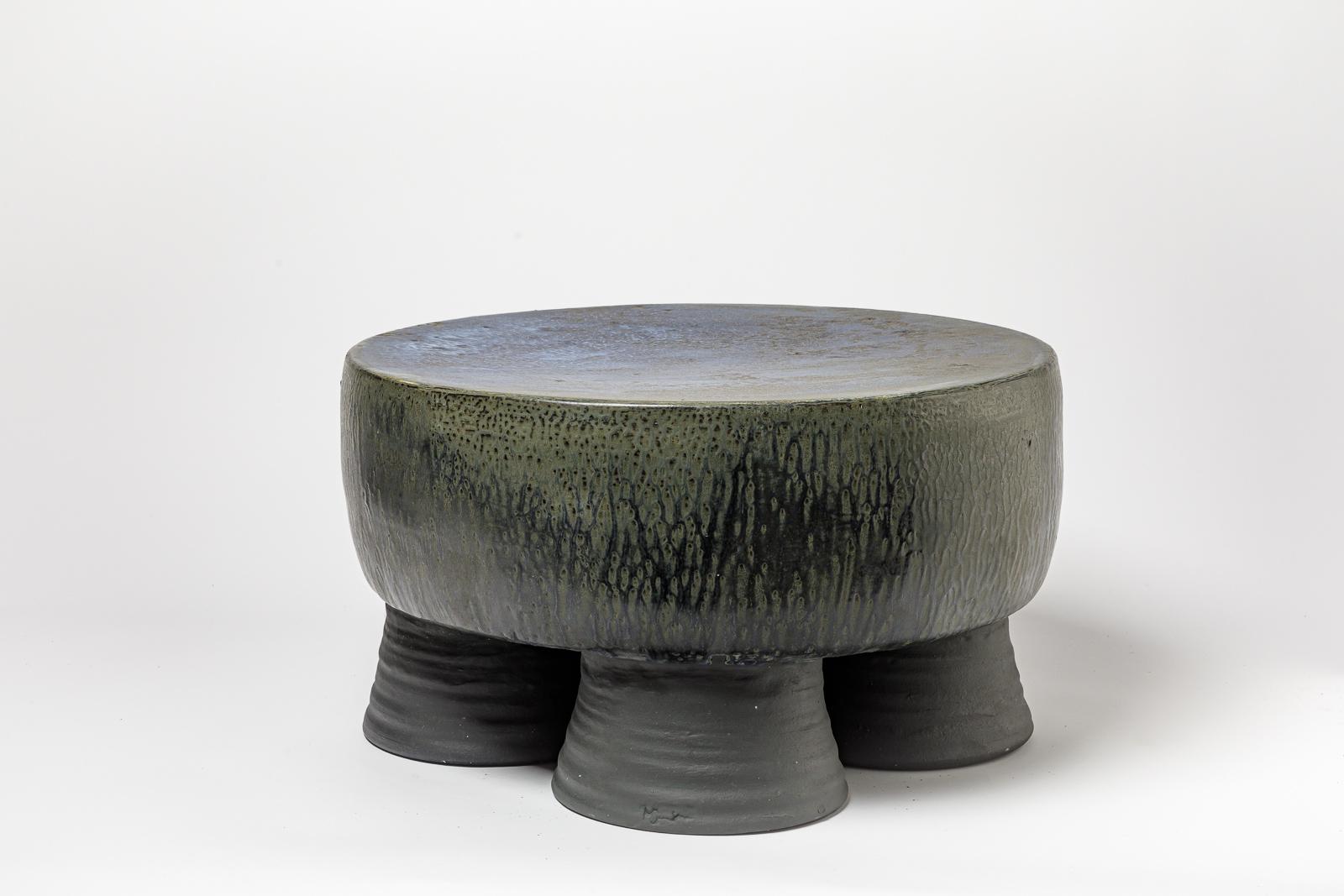 Beaux Arts Black/blue and grey/green glazed ceramic stool or coffee table by Mia Jensen.