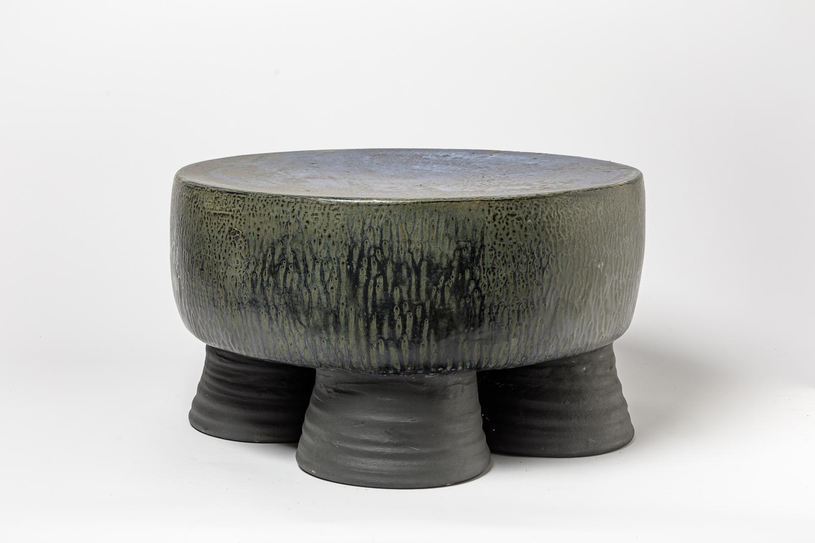 Black/blue and grey/green glazed ceramic stool or coffee table by Mia Jensen. In New Condition In Saint-Ouen, FR