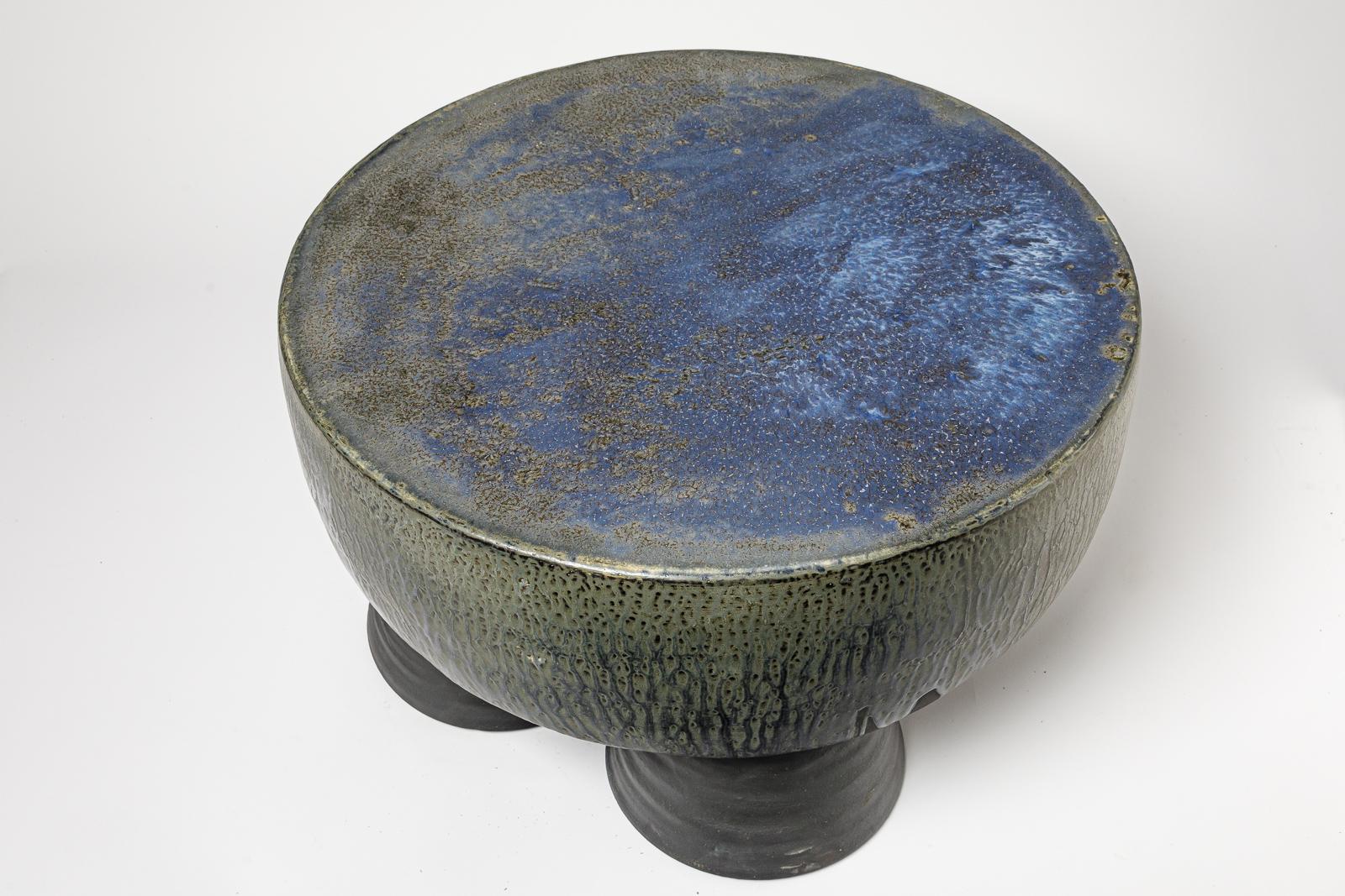 Contemporary Black/blue and grey/green glazed ceramic stool or coffee table by Mia Jensen.