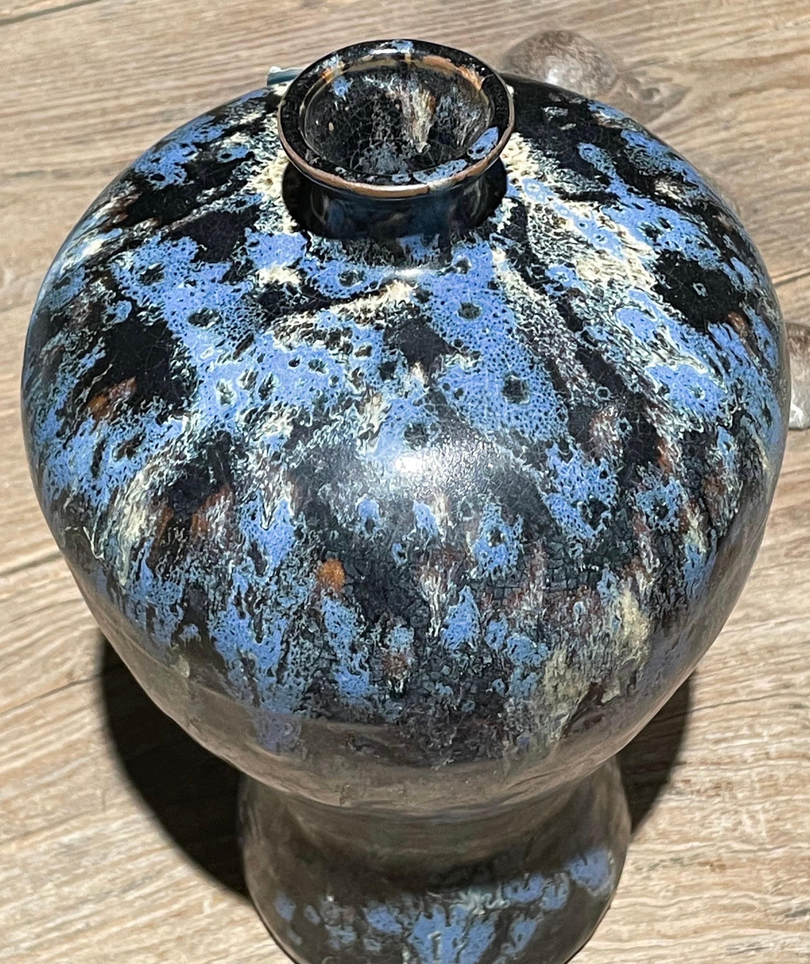 Chinese Black, Blue And White Splatter Glaze Curved Shape Vase, China, Contemporary For Sale