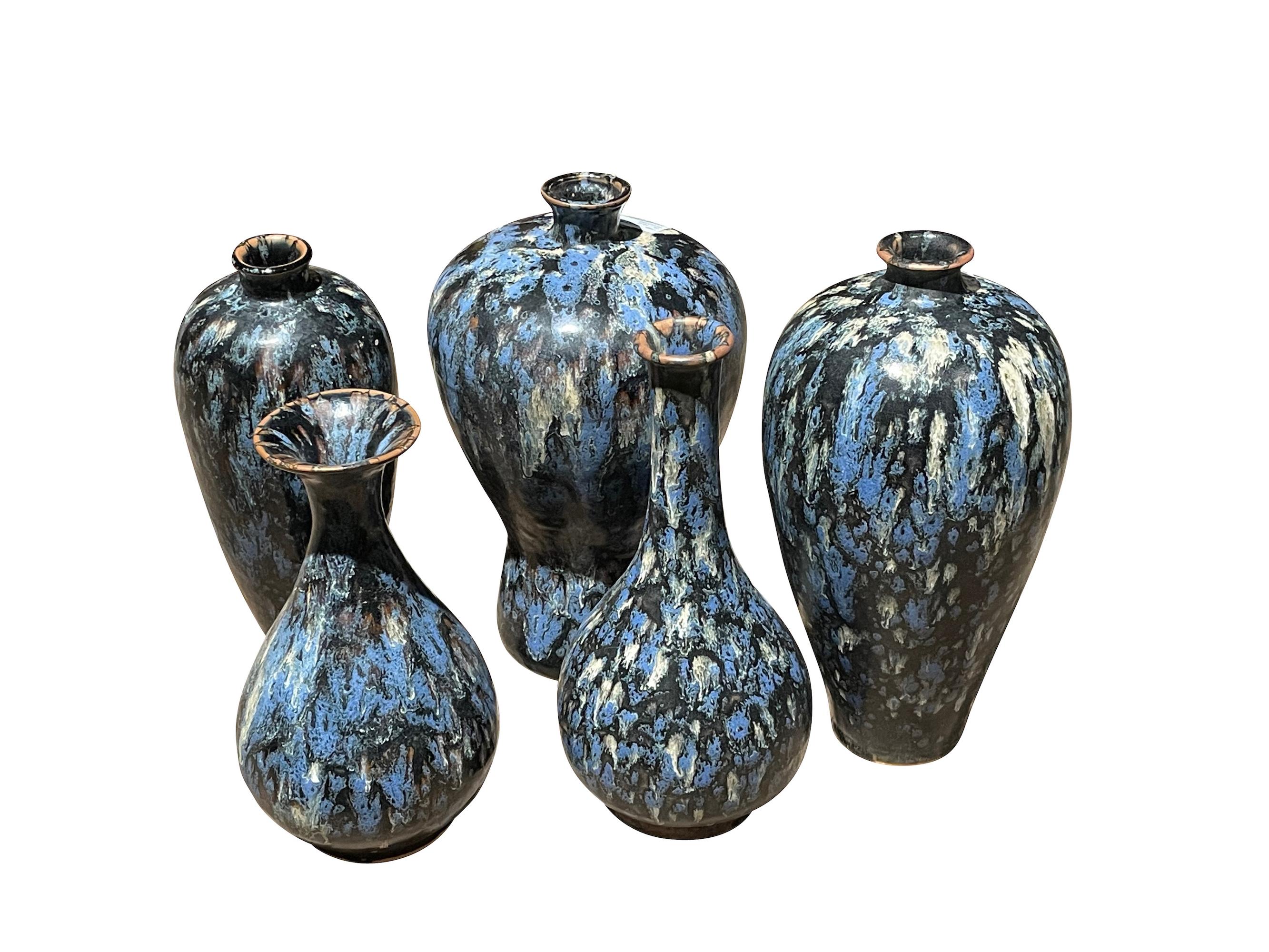 Ceramic Black, Blue And White Splatter Glaze Curved Shape Vase, China, Contemporary For Sale