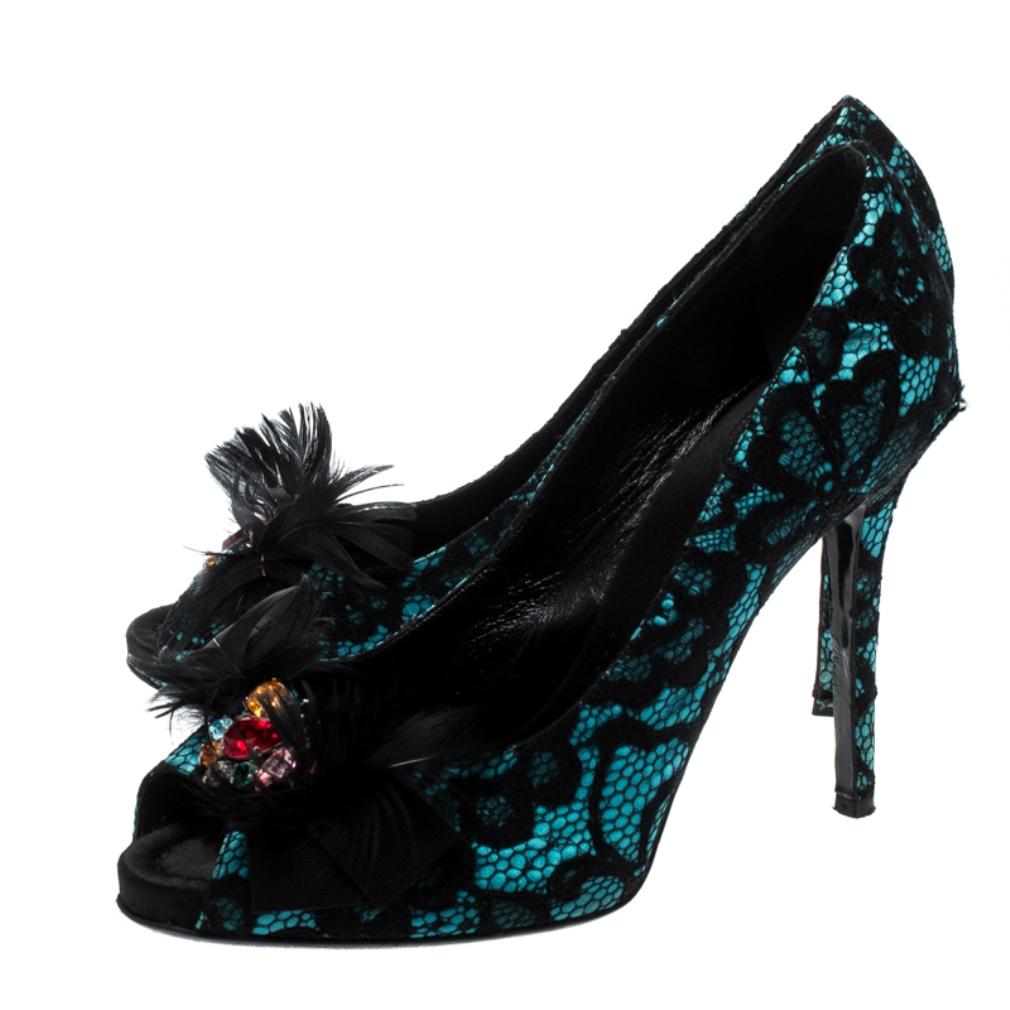 Women's Black/Blue Lace Feather and Crystal Embellished Peep Toe Pumps Size 41
