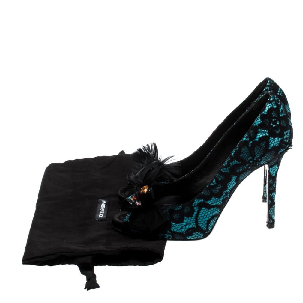 Black/Blue Lace Feather and Crystal Embellished Peep Toe Pumps Size 41 4