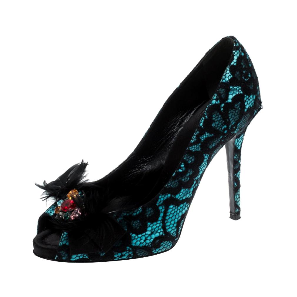 Black/Blue Lace Feather and Crystal Embellished Peep Toe Pumps Size 41