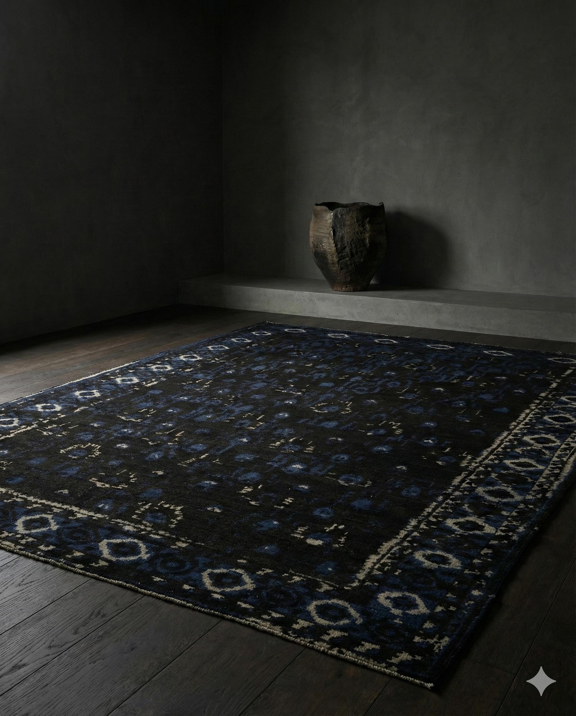 Dieser zeitgenössische, handgeknüpfte Wollteppich zeichnet sich durch eine raffinierte dunkle Farbpalette und ein vielseitiges Raumgrößenformat aus, das sich für Wohn-, Schlaf- und Esszimmer mit mäßigem Publikumsverkehr oder für Heimbüros eignet.