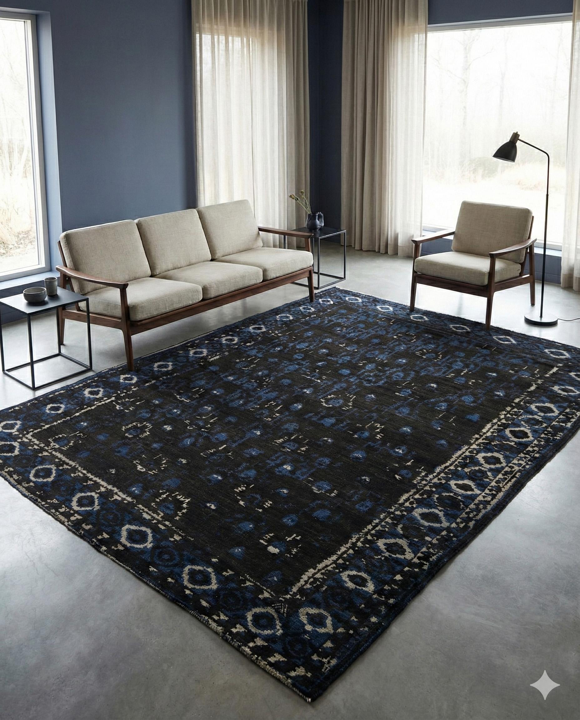 Schwarz Blau Persische Wolle Hand geknüpft Teppich 7 Fuß 4 in x 10 Fuß 9 in (Moderne) im Angebot