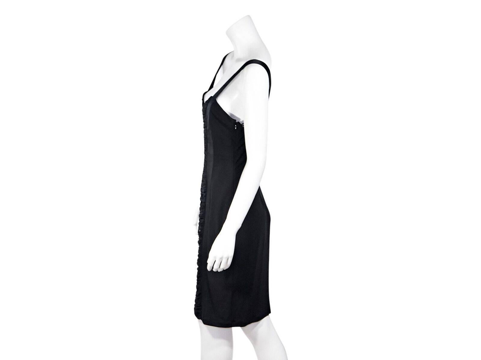 Product details:  Black jersey knit sheath dress by Blumarine.  Sleeveless.  Ruched front panel.  Concealed side zip closure.  Label size IT 44.  38