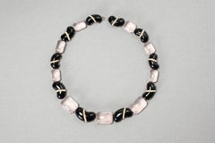 Black Bodyfurnitures Necklace, hand-painted, Rose Quartz, Pearls, double wire