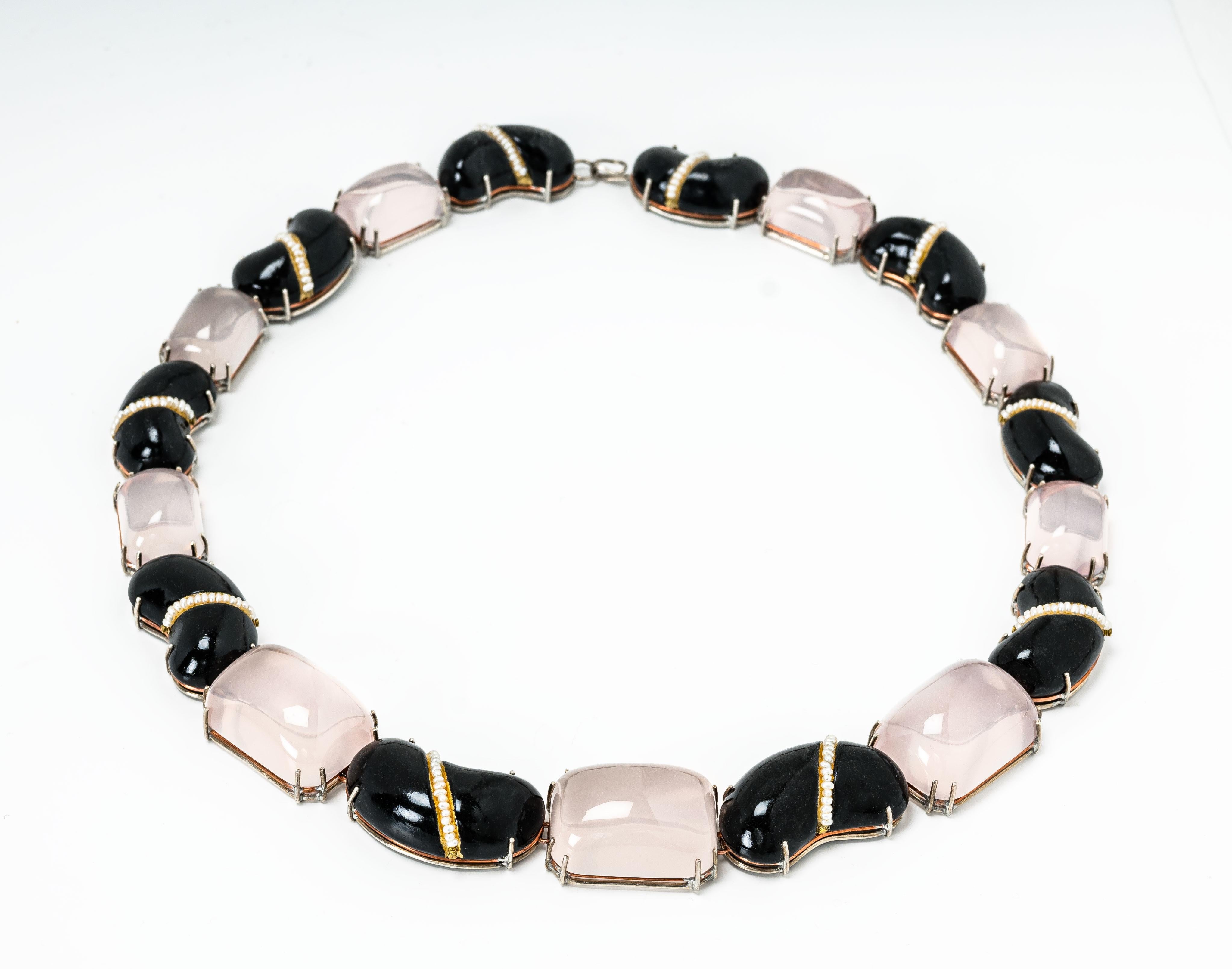 Contemporary Black Bodyfurnitures Necklace, hand-painted, Rose Quartz, Pearls, double wire For Sale