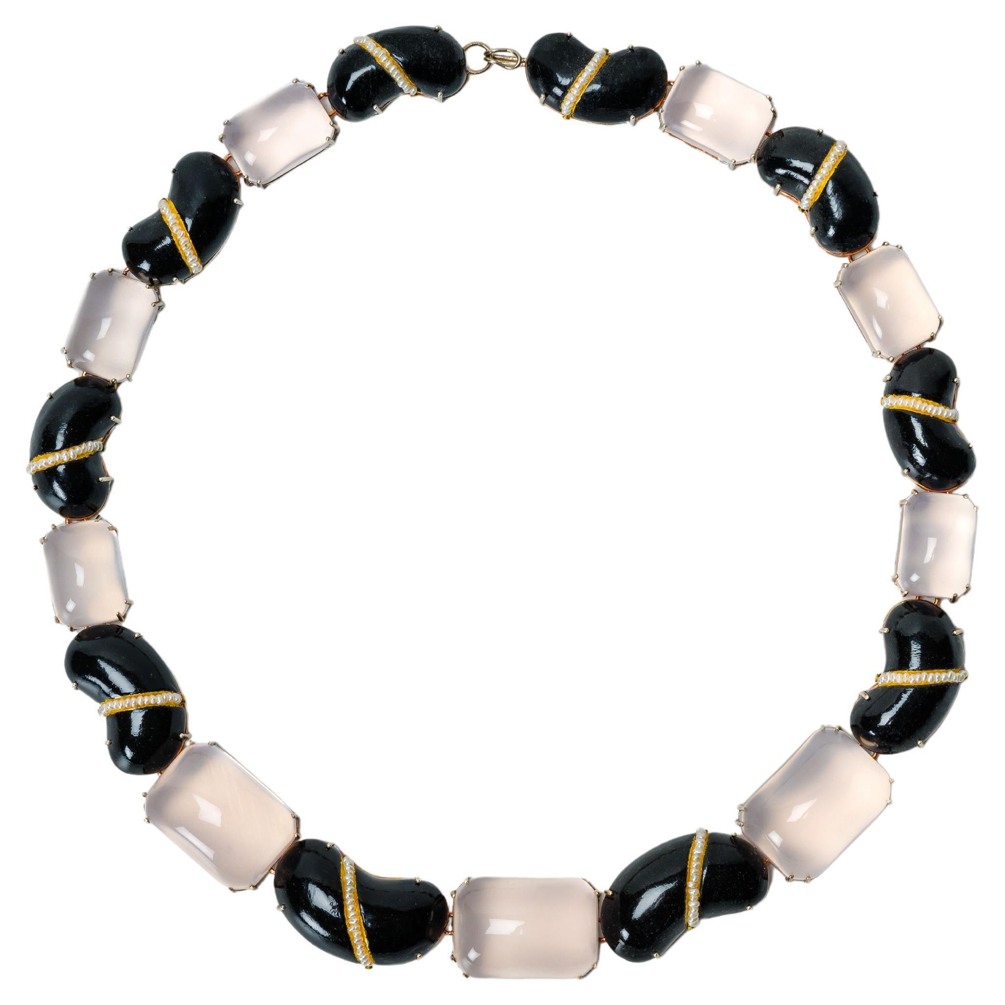 Black Bodyfurnitures Necklace, hand-painted, Rose Quartz, Pearls, double wire