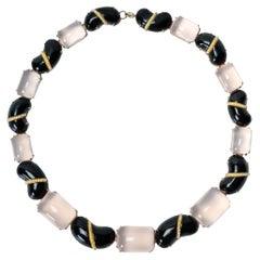 Black Bodyfurnitures Necklace, hand-painted, Rose Quartz, Pearls, double wire