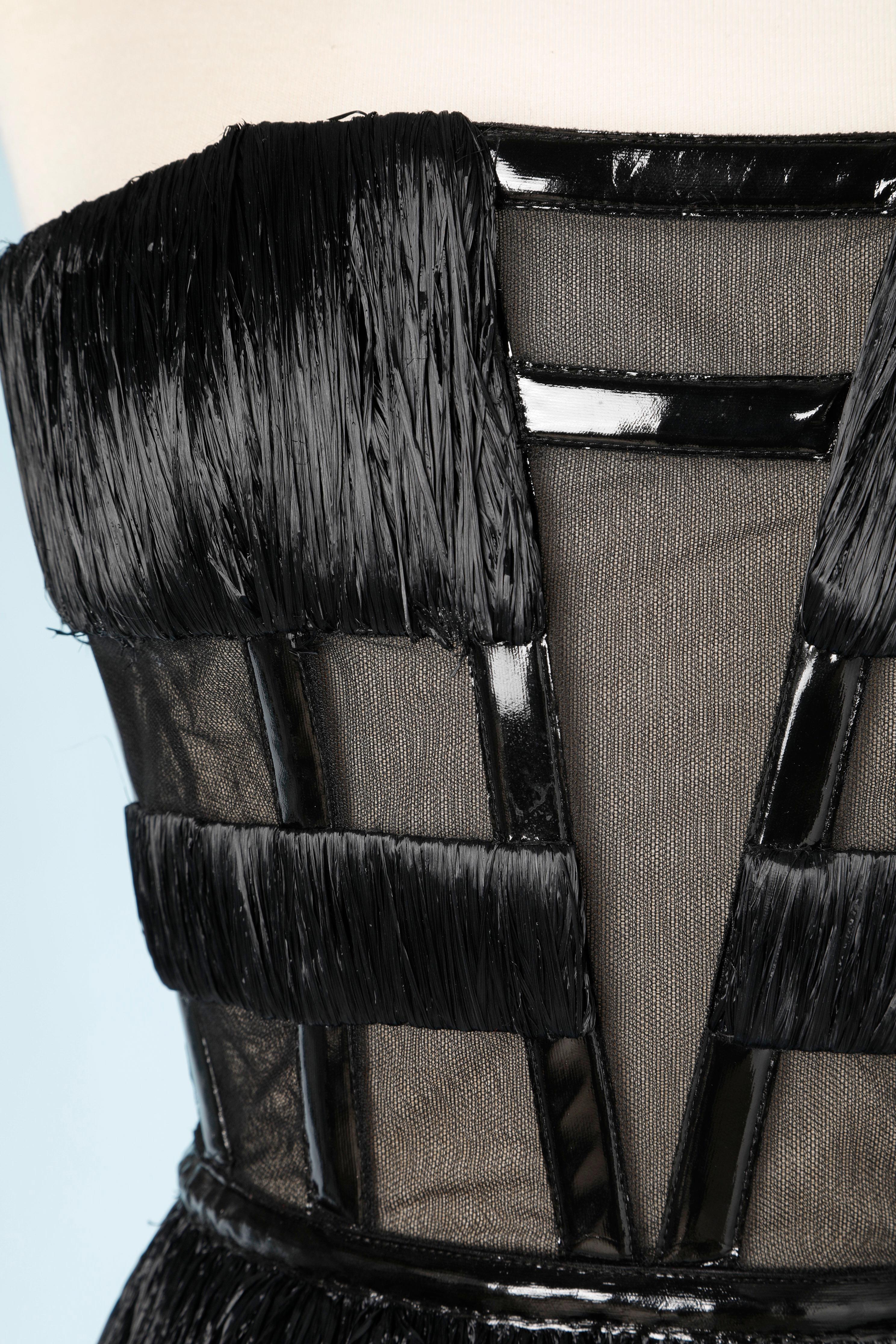Black  strapless bodysuit  with raphia fringes 
