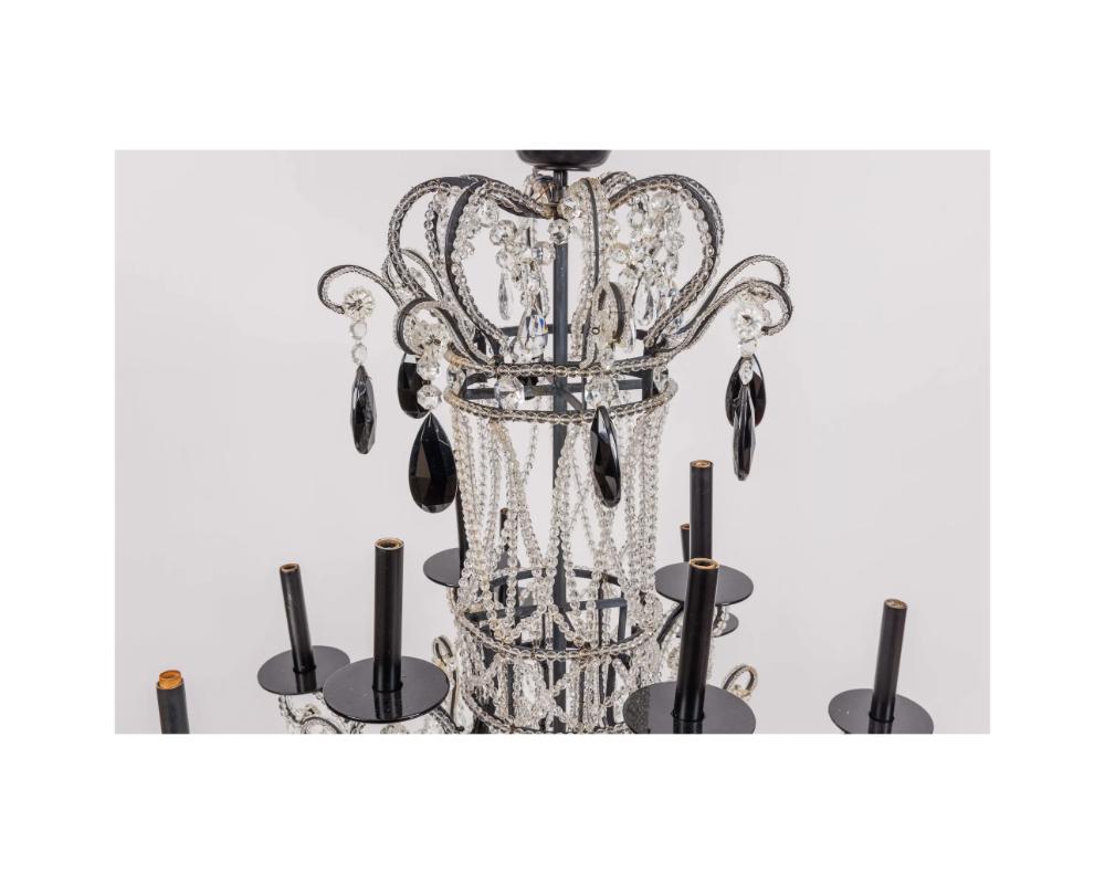 Black Bohemian Crystals Glass Twelve Light Two Tier Chandelier In Good Condition For Sale In New York, NY