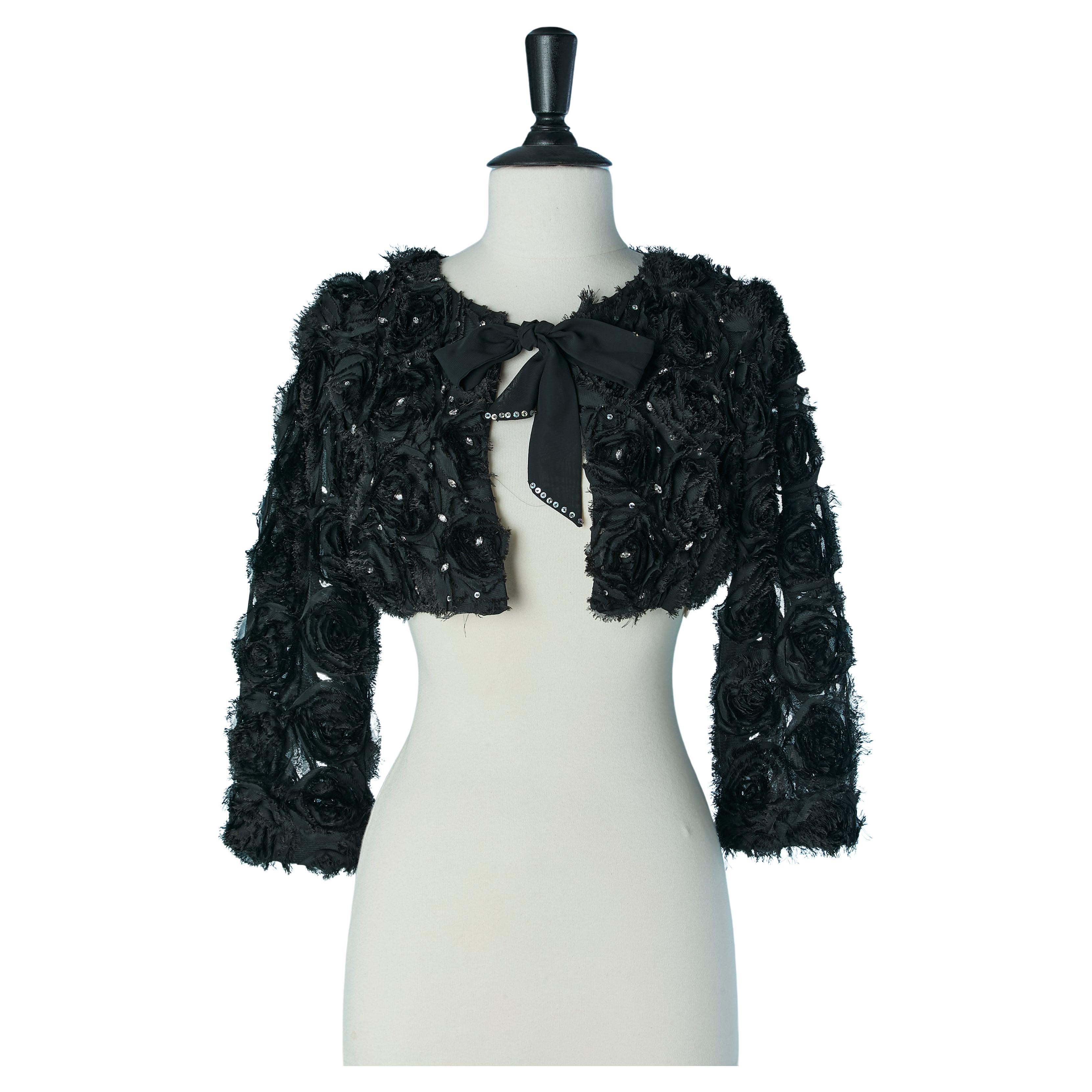 Black boléro with fabric flower appliqué and rhinestone CLASS ROBERTO CAVALLI en venta