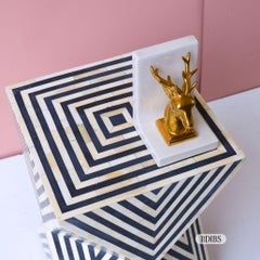 Black Bone Inlay Illusion Effect End Table with Depth Pattern by House of Jaipur
