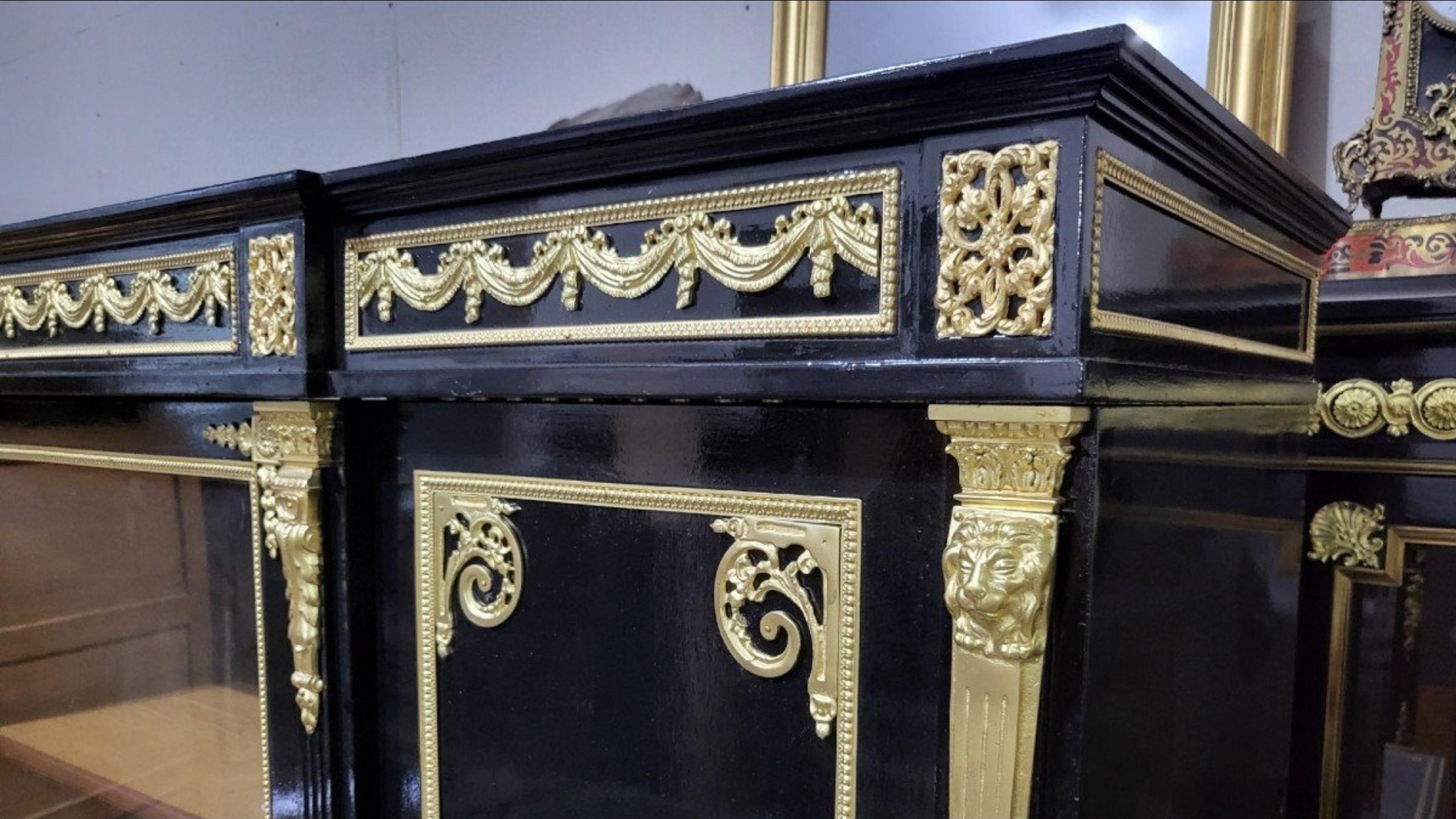 Late 19th Century Black Bookcase Vitrine Napoleon III Boule Style, France, 19th Century For Sale