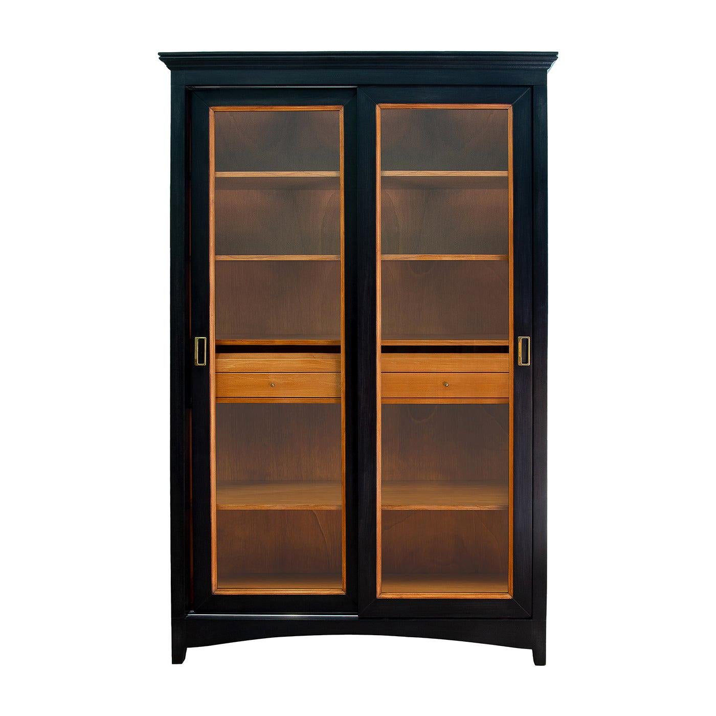 Black Bookcase with Sliding Doors For Sale